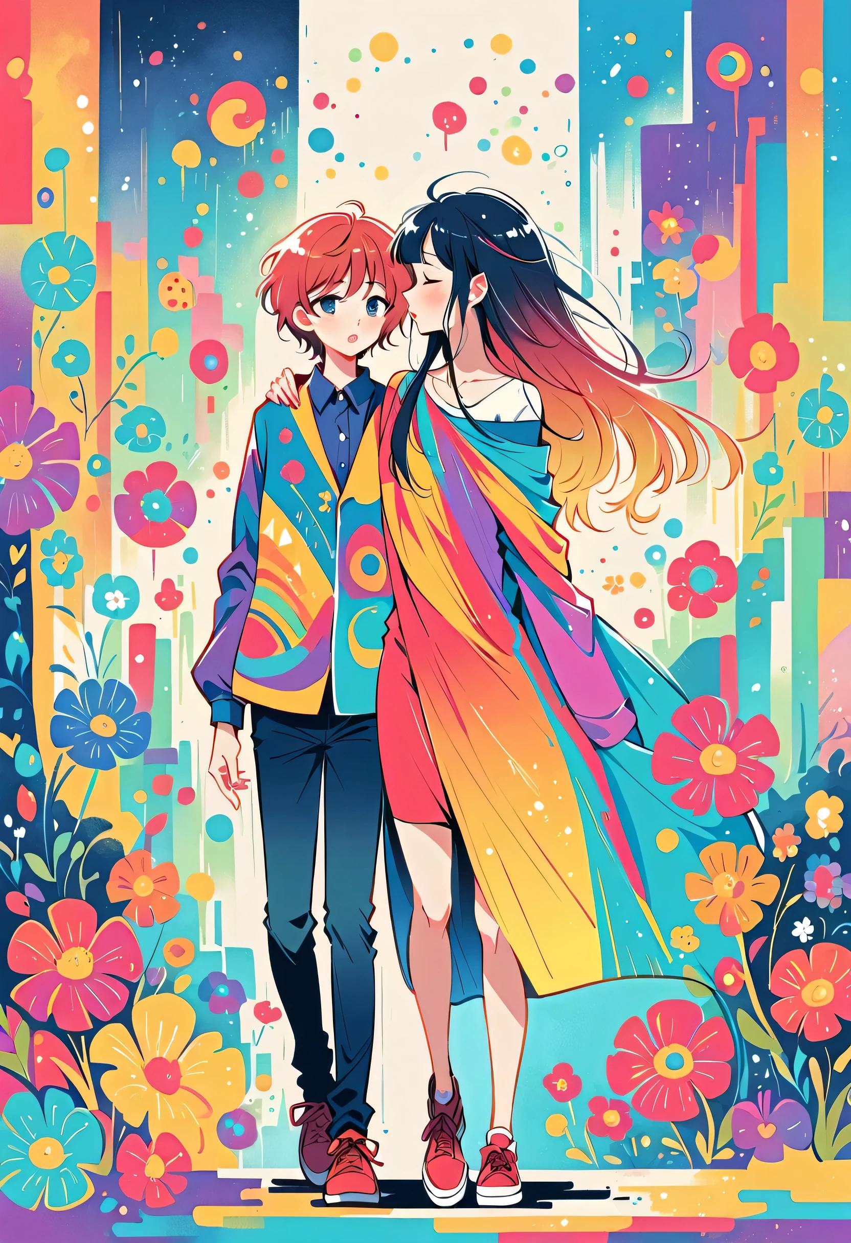 Watase Seizo style, Standing in front of a high wall,Simple Line Initialism,Abstract art,Urban Background, (((The most beautiful girl))), Lips in Love, walking, colorful flowers