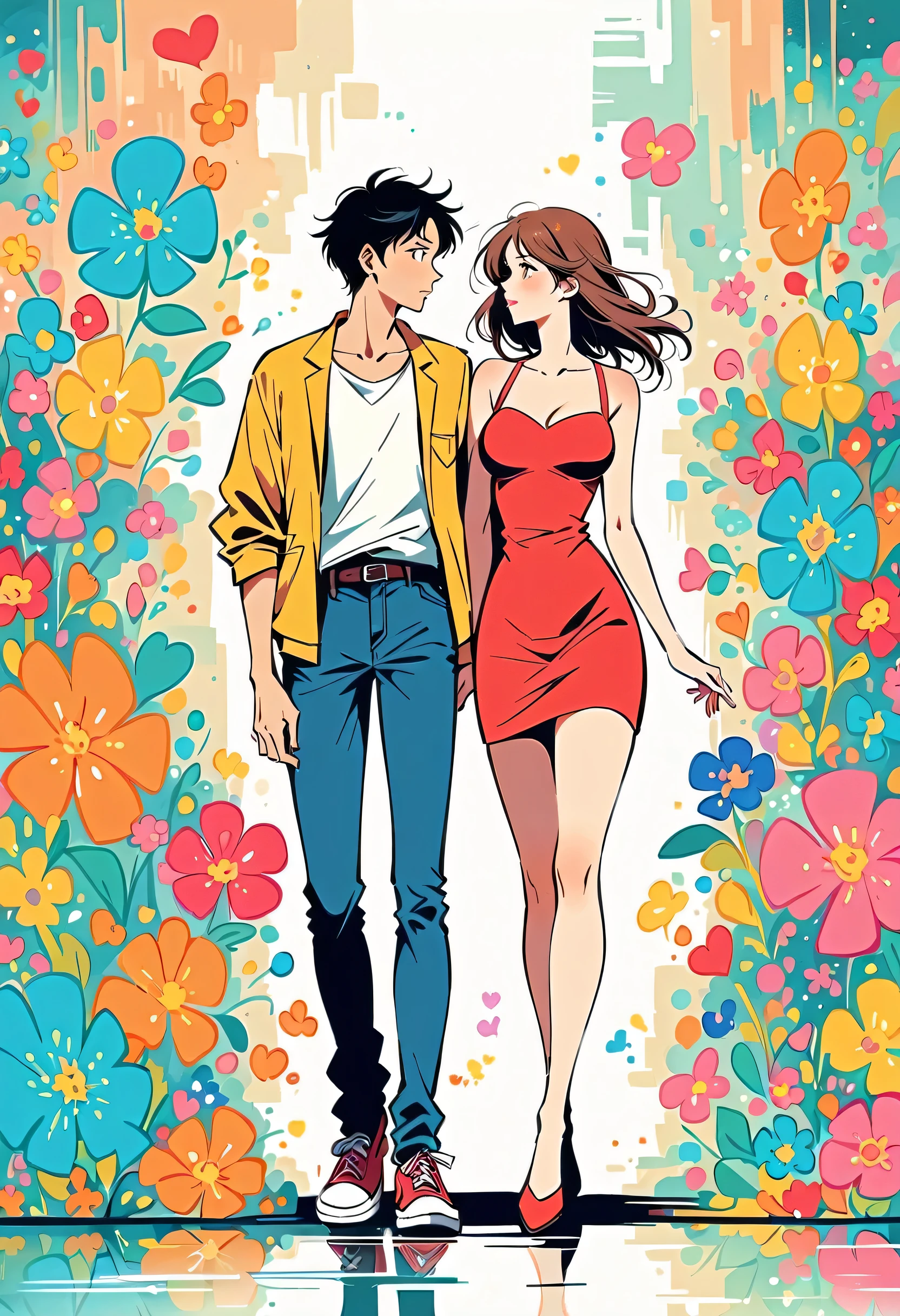Watase Seizo style, Standing in front of a high wall,Simple Line Initialism,Abstract art,Urban Background, (((The most beautiful girl))), Lips in Love, walking, colorful flowers