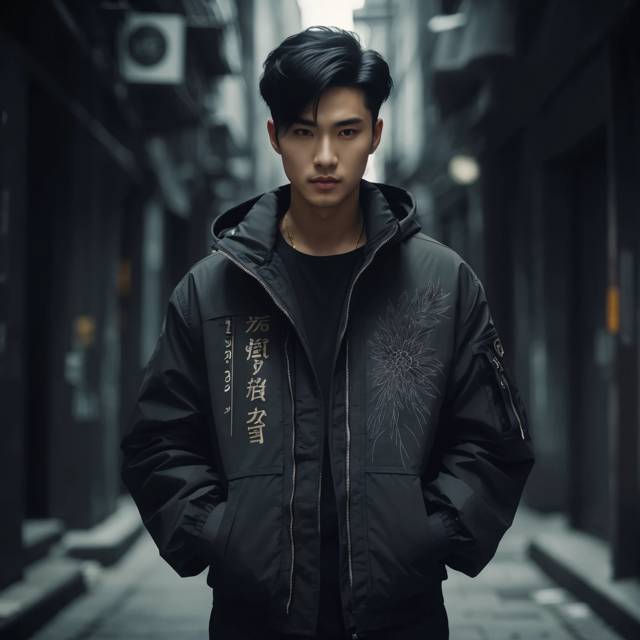 Professional photography of a full body elegant Asian man with body charm, mysterious aura, trendy black short taper hair, wearing a parka jacket with intricate sablon text (('Mau nya gitu?)) ' in a cosplay style, ultra-realistic rendering, masterpiece quality, dark alley background, cinematic, adjust contrast & saturation, vibrant color, with an enigmatic and intriguing expression, high definitions