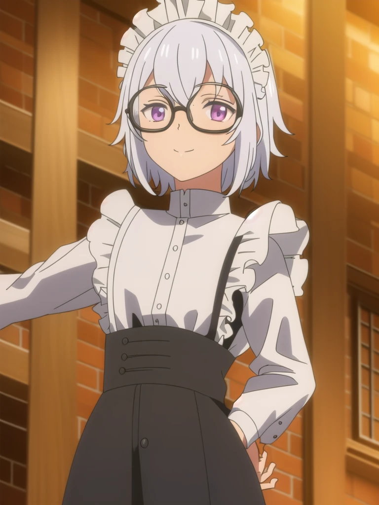 (((Best quality))),((Ultra-detailed)),((illustration)),((Disheveled hair)),((frilld)),(1 girl),
1girl , alternate costume , apron , bespectacled , black-framed eyewear , blurry , blurry background , bookshelf , brick , brick floor , brick wall , ceiling , closed mouth , depth of field , dress , enmaided , fireplace , frilled apron , frills , glasses , indoors , izayoi sakuya , library , long sleeves , looking at viewer , maid , maid apron , maid headdress , photo background , puffy sleeves , purple eyes , short hair , silver hair , smile , solo , stairs , stone floor , stone wall , tile floor , tiles , upper body , wa maid wall , white apron ,
