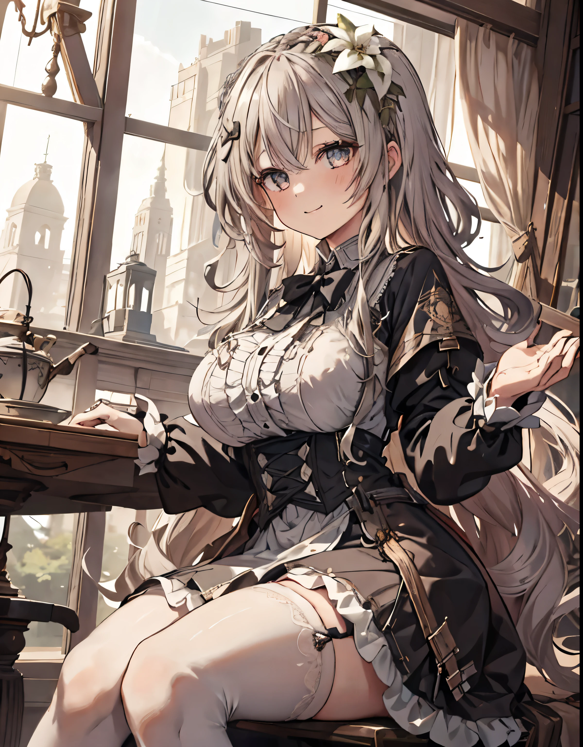 masterpiece, 1girl, sparrow, a silver haired girl, wearing a victorian dress, curly long hair, messy hair, slim body, he close her left eye, shirt ornament, ruby eyes, ahoge, baby face, big breast, beautiful breasts, rounded breasts, long sleeves, beautiful eyes, white stocking, droopy eyes, her age is 19 years old, ricefield, bowtie, nagisa_bluearchive, lovely face, medium hair, lovely smile, curly hair, gothic ****ta