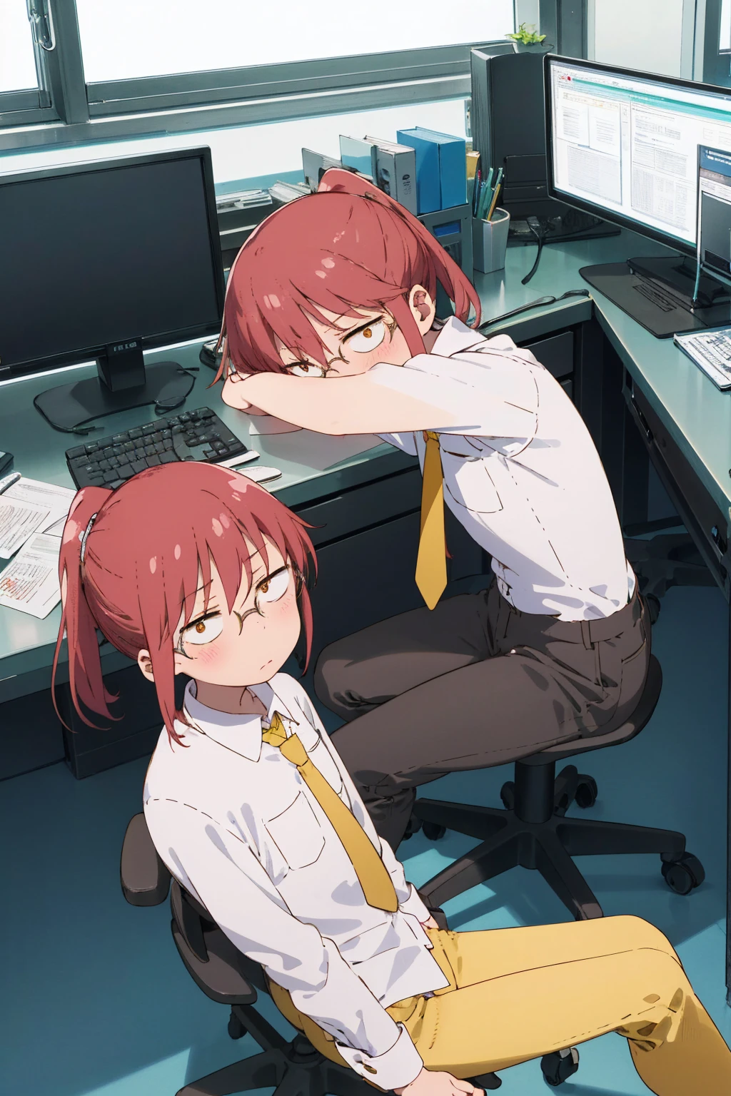 top-quality、hight resolution、1 girl、、medium-hair、ponytail, ashamed look on his face, flat cheast, (office cubicle), office chair, desk, facing down, looking at the viewer, white shirt, yellow tie, black pants, sitting,
