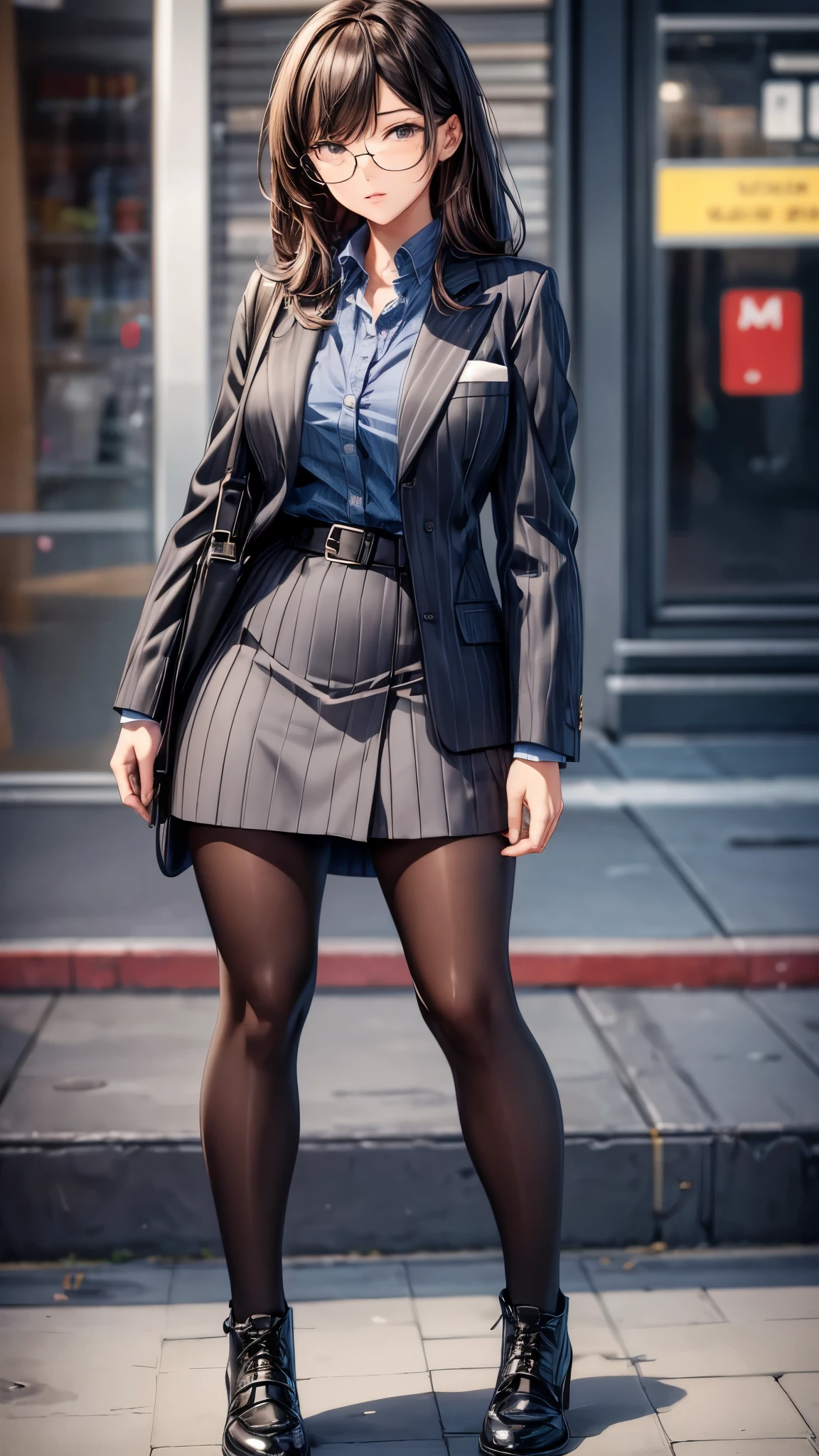 One 30 years old woman,office casual style,suits,tight skirts,pantyhose,long boots.