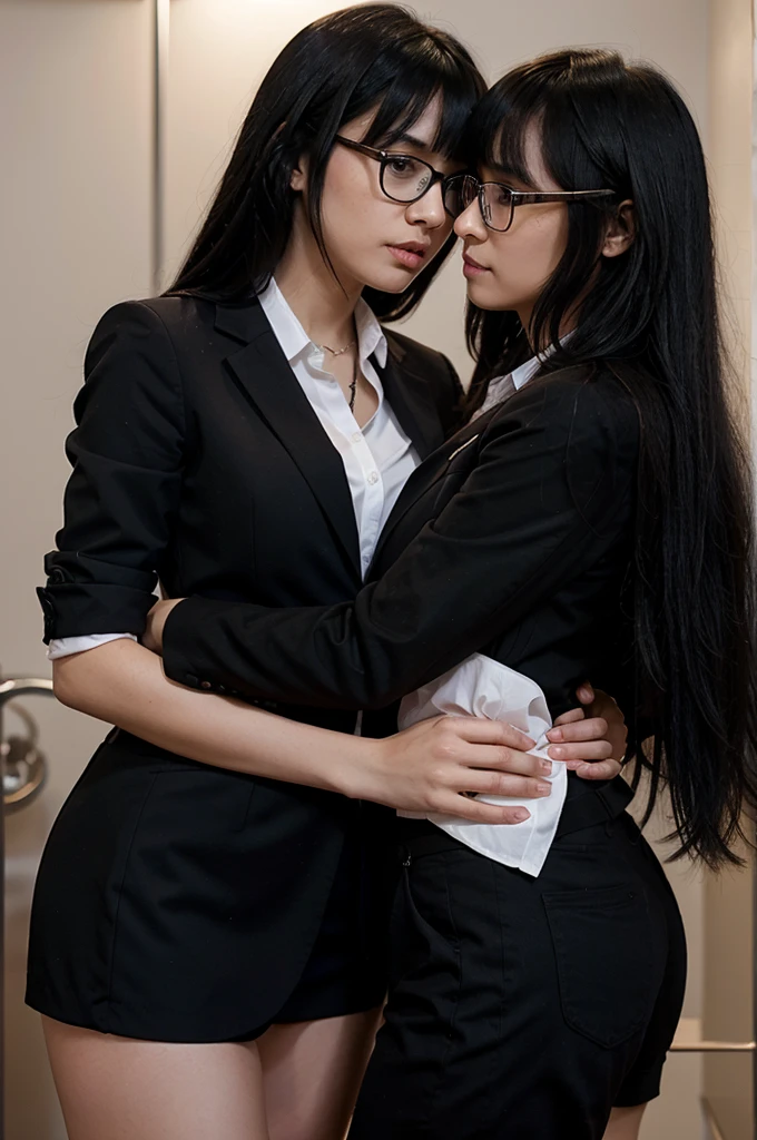 Two black-hair girls, with fringe, glasses, and wearing secretary suit with a bottom-down shirt, kiss and hug