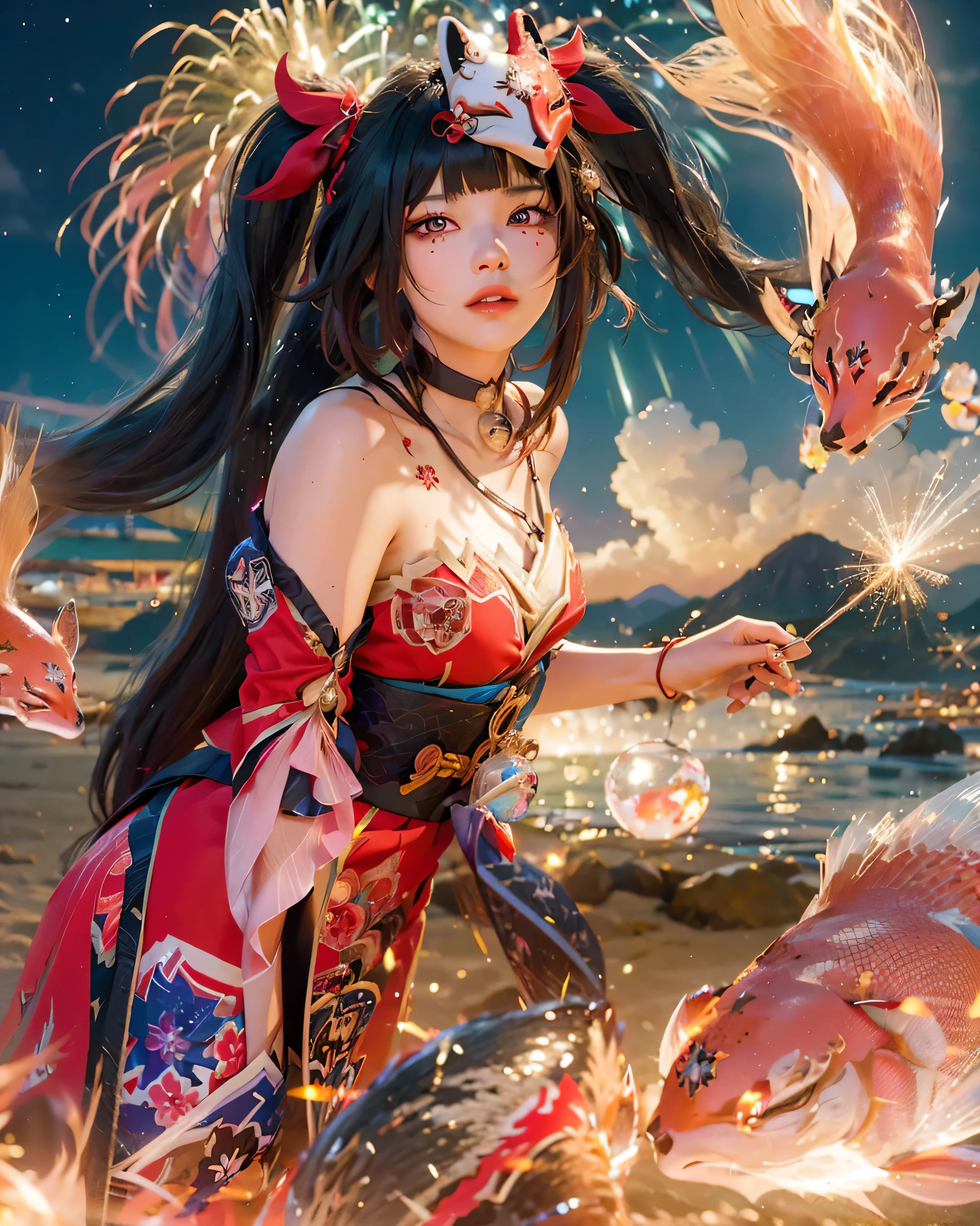 ((SPARKLE_HONKAI STAR RAIL)),((realistic, photorealistic)),(highlight hair)), Light reflection, (( HD )),((upper body)), (((best quality, masterpiece))), (masterpiece) (best quality) (detail) (8k) (HDR) (wallpaper) (cinematic lighting) (sharp focuasterpiece, best quality: 1.1), Real life adaption of this character, beautiful girl, Shining green eyes, realistic outfit, realistic shadow, realistic light, realism, hyper realistic, realistic background,Realistic hair, realistic hair at the back,(photorealistic:1.2), 1girl,Beach Background with fireworks, sparkle from honkai star rail, black twintail hair, red eyes, wearing her outfit, japanese mask, anbu mask, doing daily activities, outdoor, very detailed background, many furnitures, masterpiece, highres, ultrahd,Sand beach, Foreground koi fish, light particles,