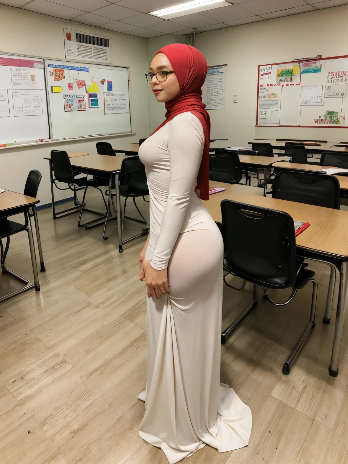 (double exposure),(full body photos),back view(looking at viewer),A malay gorgeous matured teacher (standing),bent over,presenting her ass to viewer in a empty classroom,((35 year old)), ((malay women)), curvy fit body shape, bigger ass,cleavage, huge thighs, ((red hijab)),((wearing white, fitted long sleeves baju kurung)),((hijab)), (looking at viewer),((glasses)),flirt, empty school classroom,pov, solo, single, (SFW),high detail, depth of field,film grain, UHD, retina, masterpiece, ccurate, anatomically correct, textured skin, super detail, high details, high quality, award winning, best quality, highres, HD, 8k, 1080P