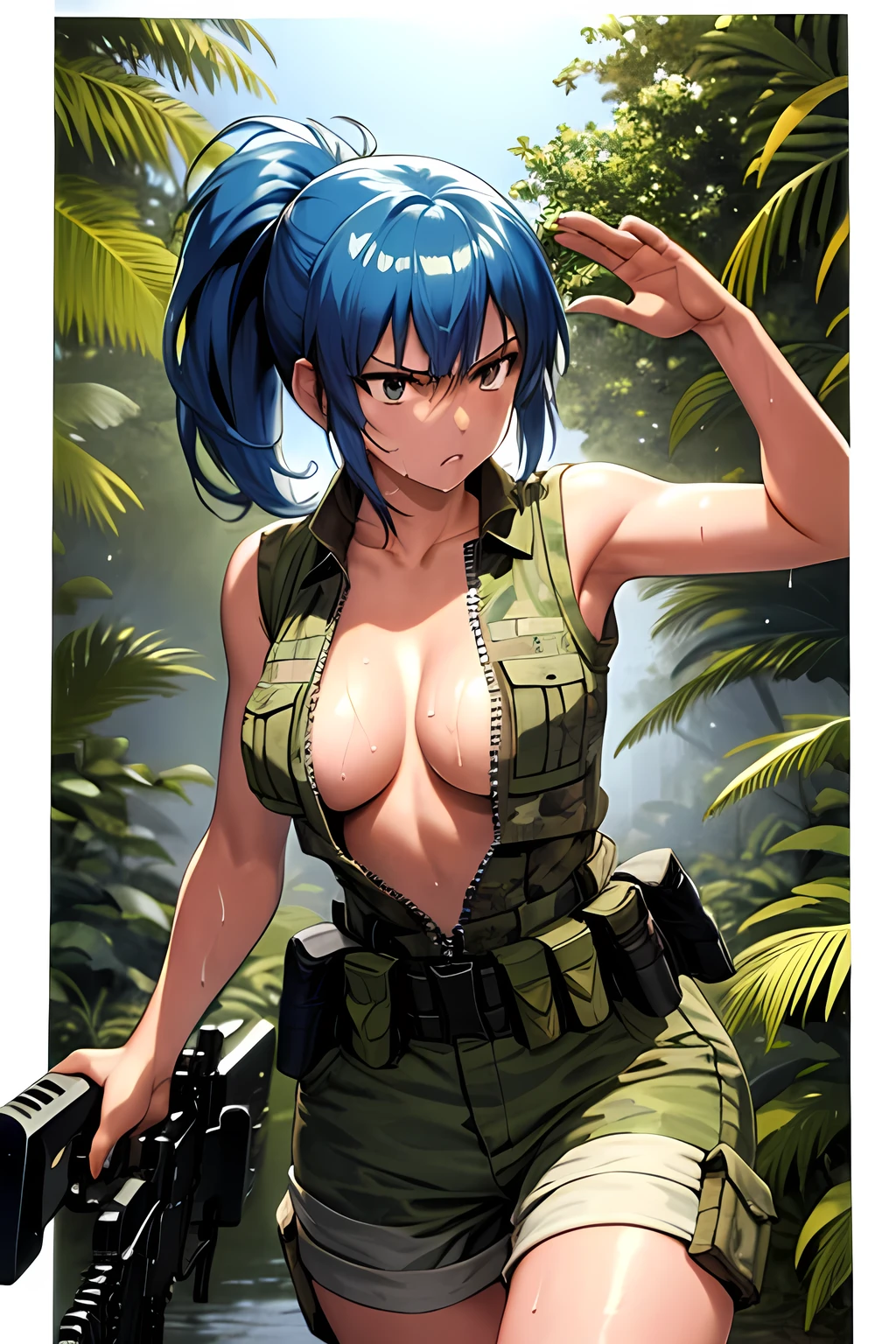 masterpiece, best quality, anime 1990s \(style\, leona heidern, naked , short,open vest., jungle, tactical, pony tail, serious, cammo, army, soldier, blue hair, warfare, war, wet.