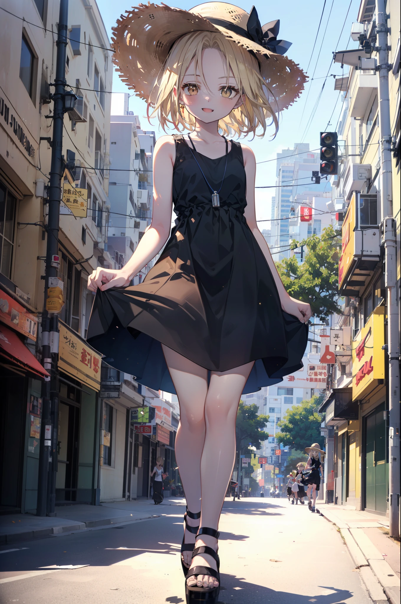 (annakyouyama, anna kyouyama, Blonde Hair, short hair, (Brown eyes:1.7),happy smile, smile, Open your mouth,Big straw hat,Black sleeveless dress,Long skirt,Cute Sandals,Daytime,Clear skies,Walking,
break looking at viewer, whole body,
break outdoors, city,Building Street,
break (masterpiece:1.2), highest quality, High resolution, unity 8k wallpaper, (shape:0.8), (Fine and beautiful eyes:1.6), Highly detailed face, Perfect lighting, Highly detailed CG, (Perfect hands, Perfect Anatomy),