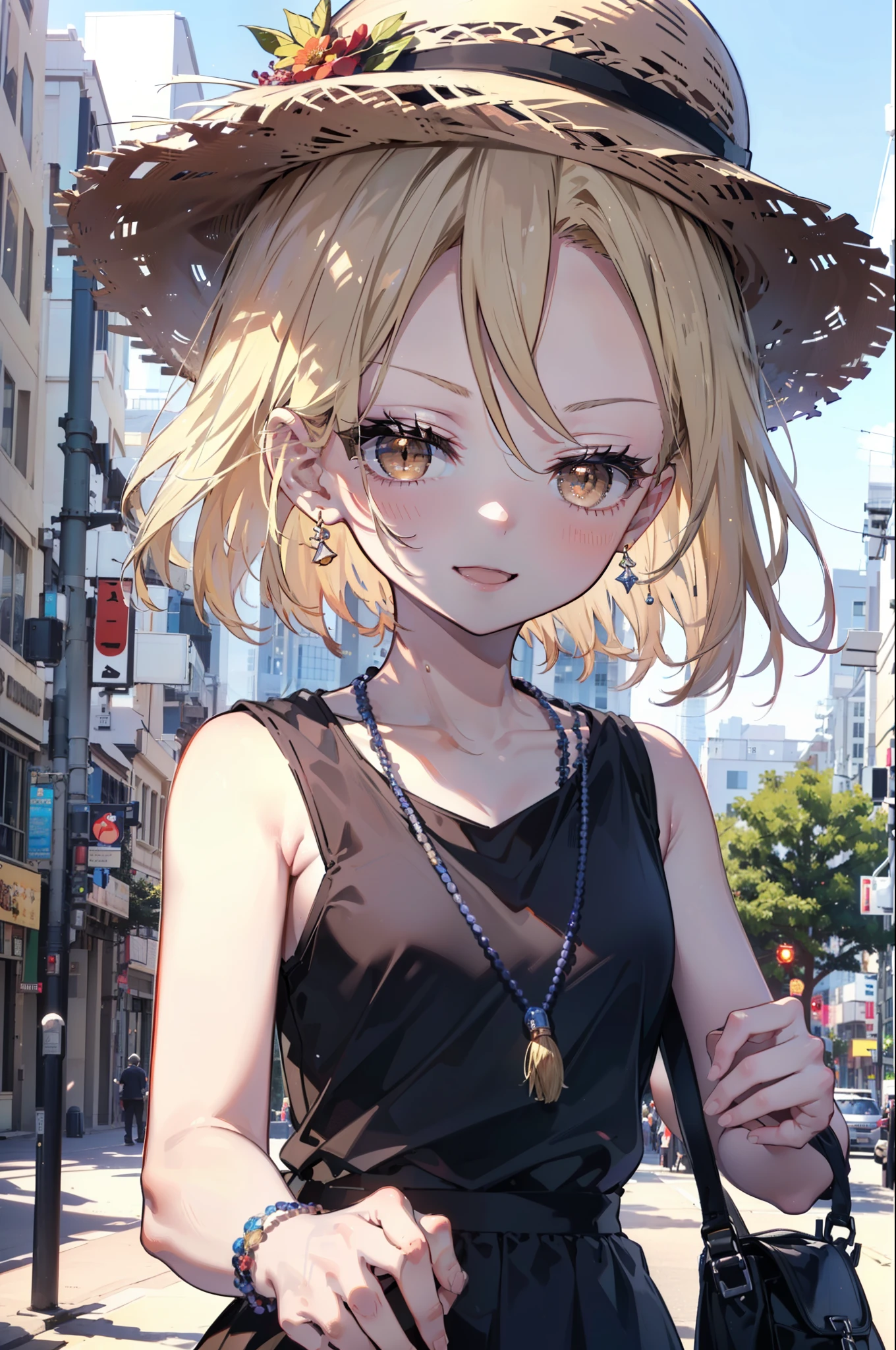 (annakyouyama, anna kyouyama, Blonde Hair, short hair, (Brown eyes:1.7),happy smile, smile, Open your mouth,Big straw hat,Black sleeveless dress,Long skirt,Cute Sandals,Daytime,Clear skies,Walking,
break looking at viewer, whole body,
break outdoors, city,Building Street,
break (masterpiece:1.2), highest quality, High resolution, unity 8k wallpaper, (shape:0.8), (Fine and beautiful eyes:1.6), Highly detailed face, Perfect lighting, Highly detailed CG, (Perfect hands, Perfect Anatomy),