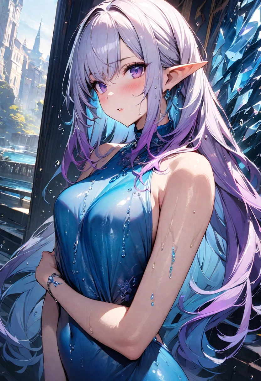 (masterpiece, illustration, best quality:1.5), 1 Elf girl, yinji, pointy ears, purple hair, purple eyes, long hair, white hair, double braids, gradient hair, water blue body painting, global illumination, finely detailed, beautiful face, beautiful detailed shading, (3_water_droplets), tilted halos, body lightly covered with frost, water elements, water drops, water, jowelery and wet atmosphere,beautifully detailed background, cinematic, black ice, pink and blue gems , transparent sky blue scarf , royal blue dress