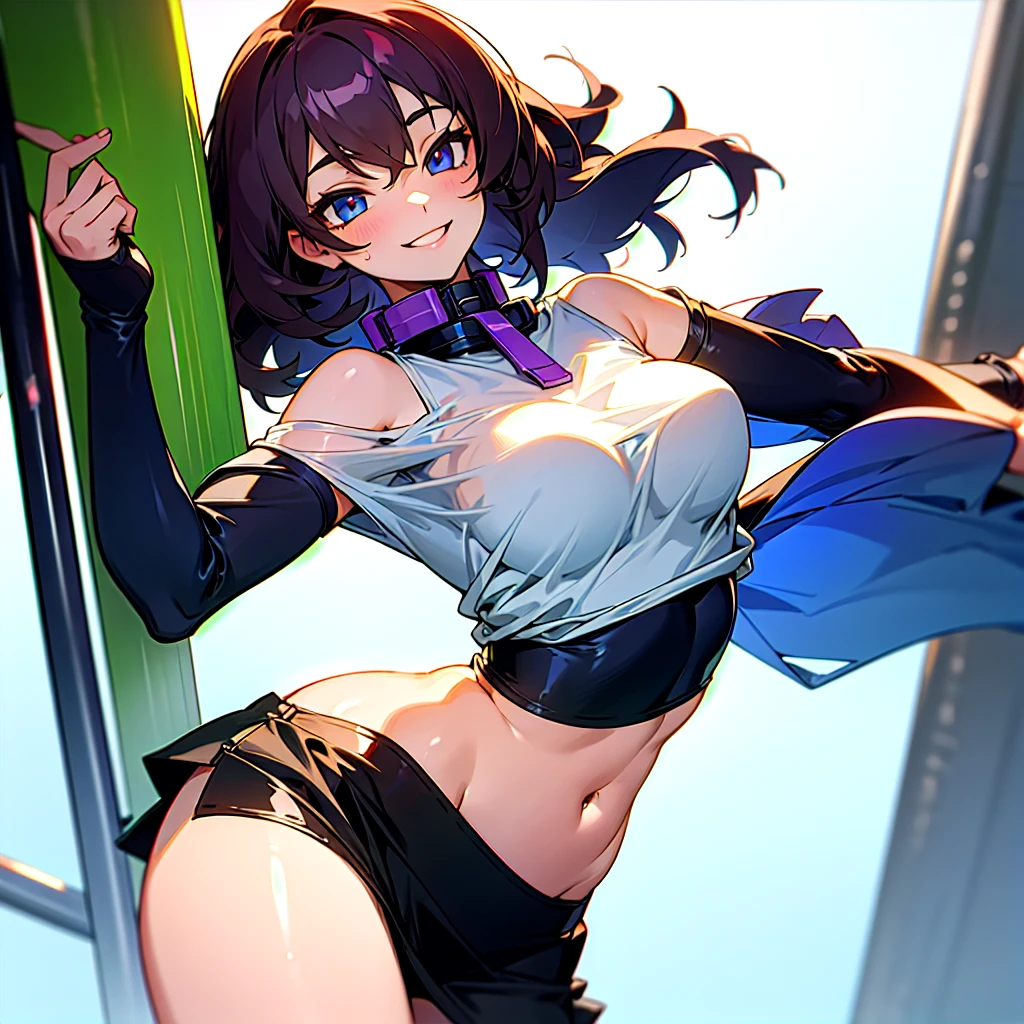 girl with big breasts Medium hair. bushing and smiling. with a collar around her neck wEating highly reviling clothes That is Just a see through Tight fight cold Shoulder Tube crop top shirt That shows her breasts . And a micro skirt That shows her extra small Panties .
