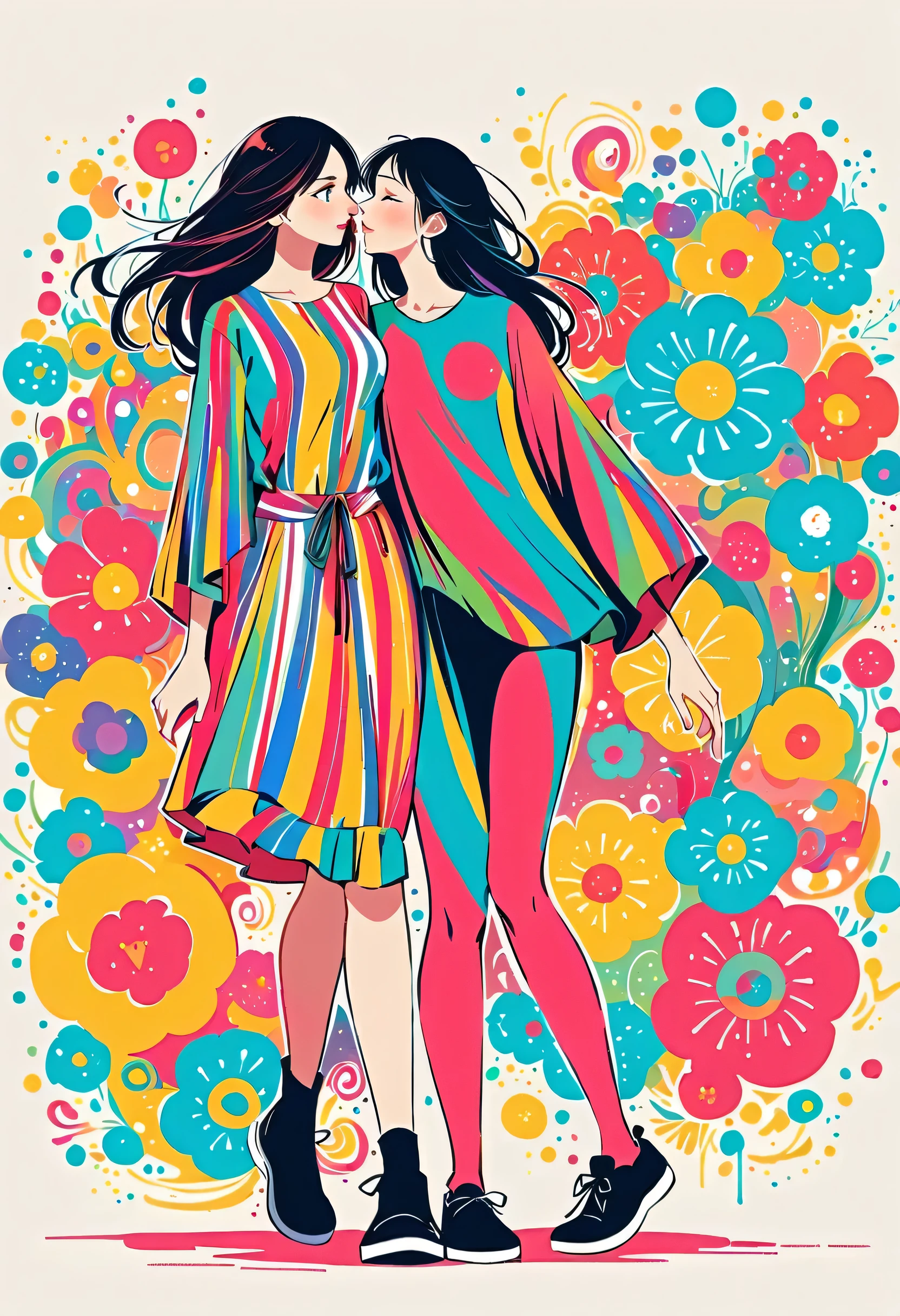 Nao Ehon style, Standing in front of a high wall,Simple Line Initialism,Abstract art,Urban Background, (((The most beautiful girl))), Lips in Love, walking, colorful flowers