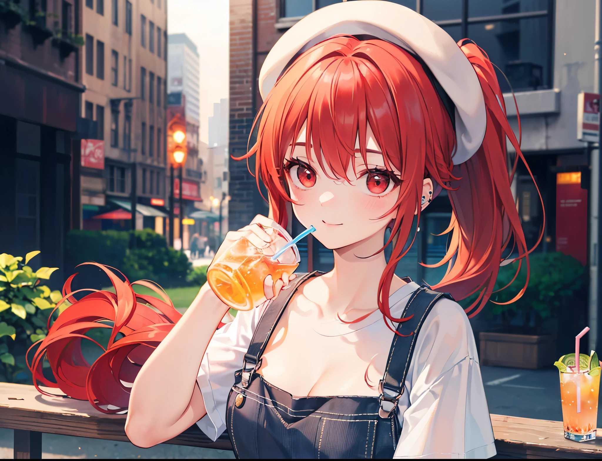 (Close-up:1.3),Realistic,highest quality, Ultra Detail, High-quality CG rendering, The most delicate and beautiful, Floating softly, High resolution, (1 girl), (Highest quality,4K,8K,masterpiece:1.2),(All red hair:1.5), (ponytail:1.5),(Red eyes:1.5),(Slightly larger breasts:1.2), (Light brown overalls:1.3),(Pure white inner T-shirt:1.3),(Black boots:1.3)、(Light brown beret:1.3)、Piercing in left ear,In the city,old buildings,(Upper Body:1.3),(Drinking a drink:1.3),smile