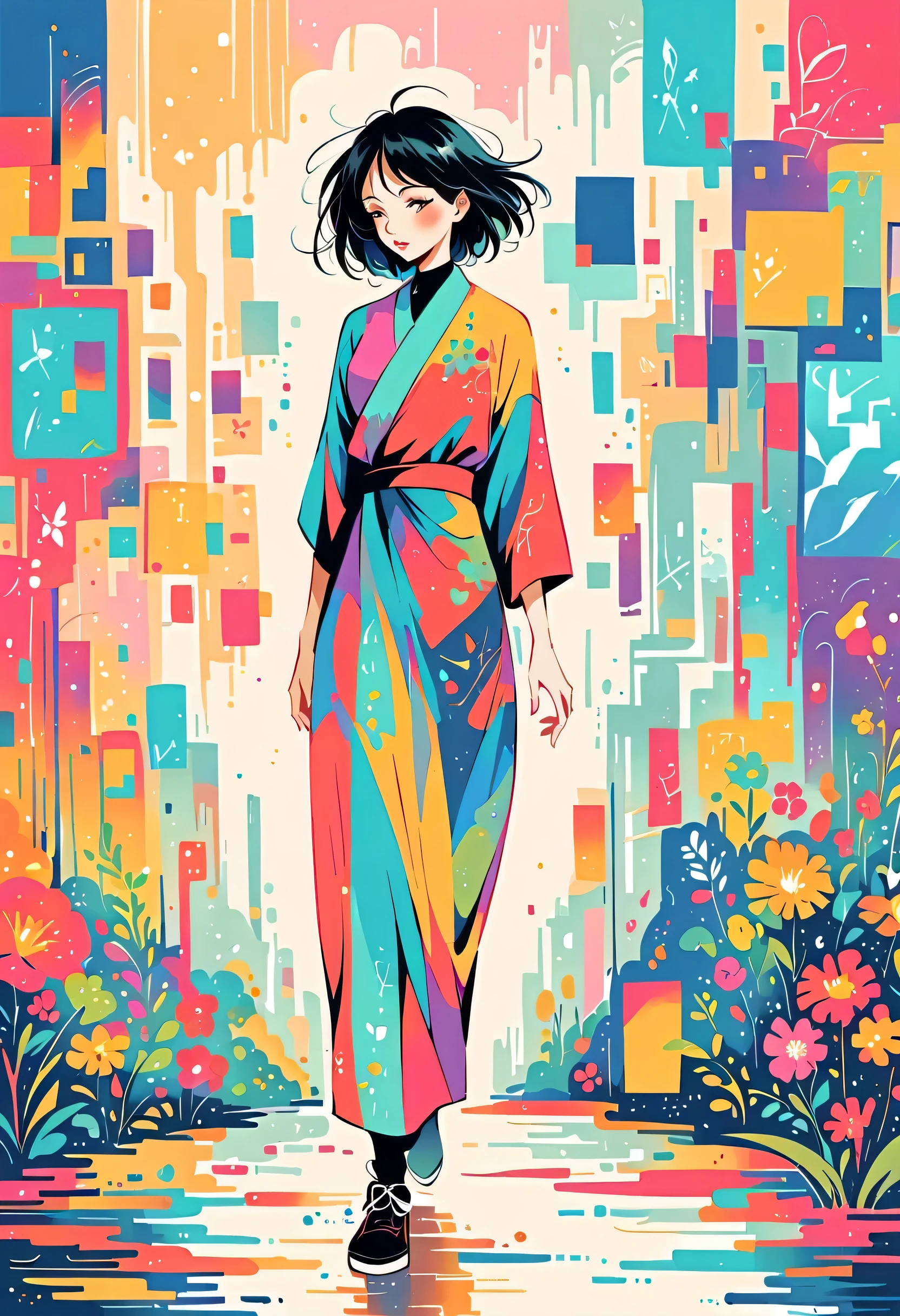 Nao Ehon style, Standing in front of a high wall,Simple Line Initialism,Abstract art,Urban Background, (((The most beautiful girl))), Lips in Love, walking, colorful flowers