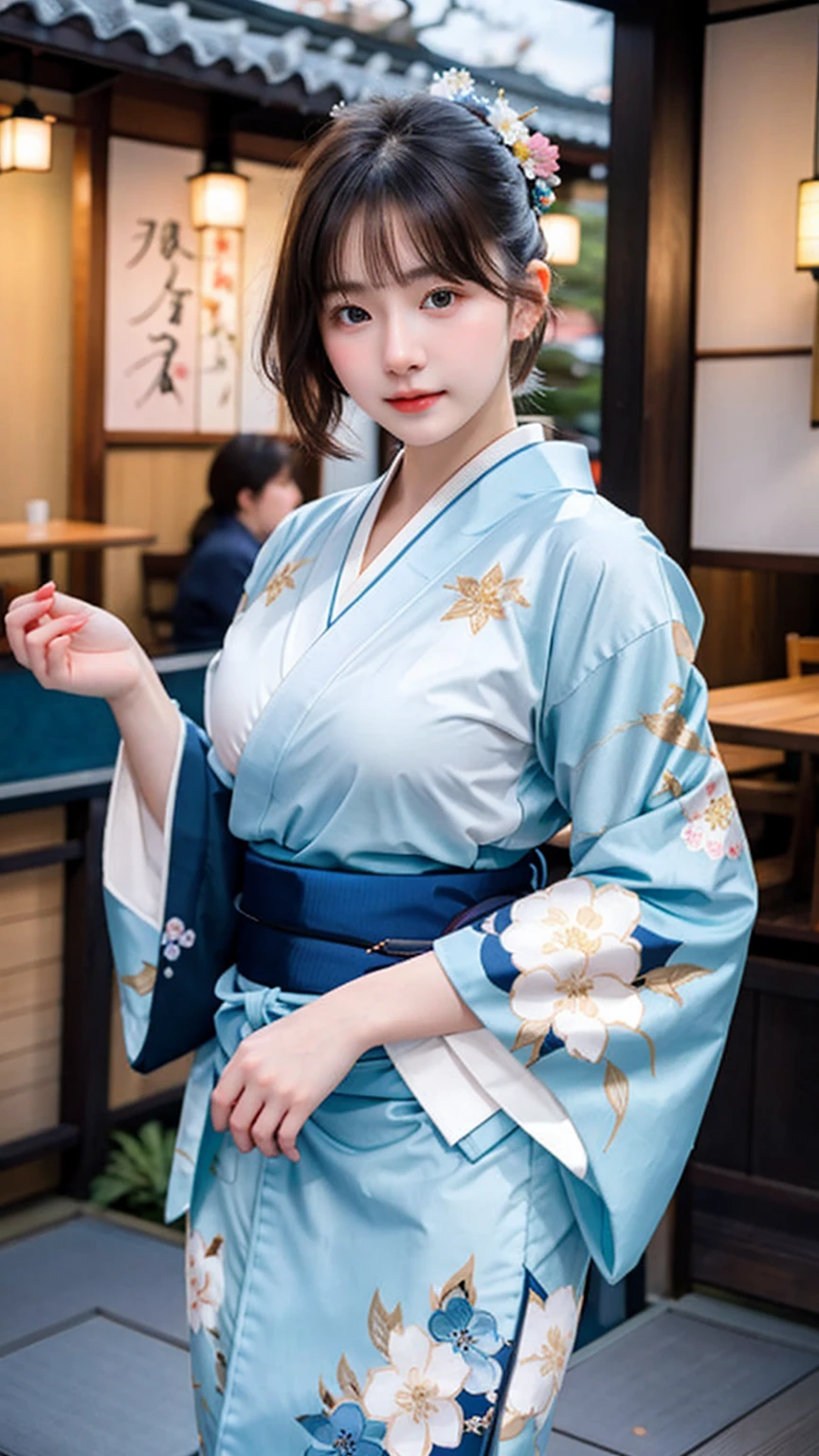 ((best quality)), photorealistic, photorealism, Photorealistic, high resolution, Beautiful, Baby Face, 20 Years Old, White Skin, pale skin, medium breast, seductive pose, dynamic pose, looking at the camera, (Detailed face), short hair, sexy body, (wearing japanese blue kimono), (japanese flowers motif kimono), (cloths color based on blue)Fingers are occluded, bokeh, cafe background