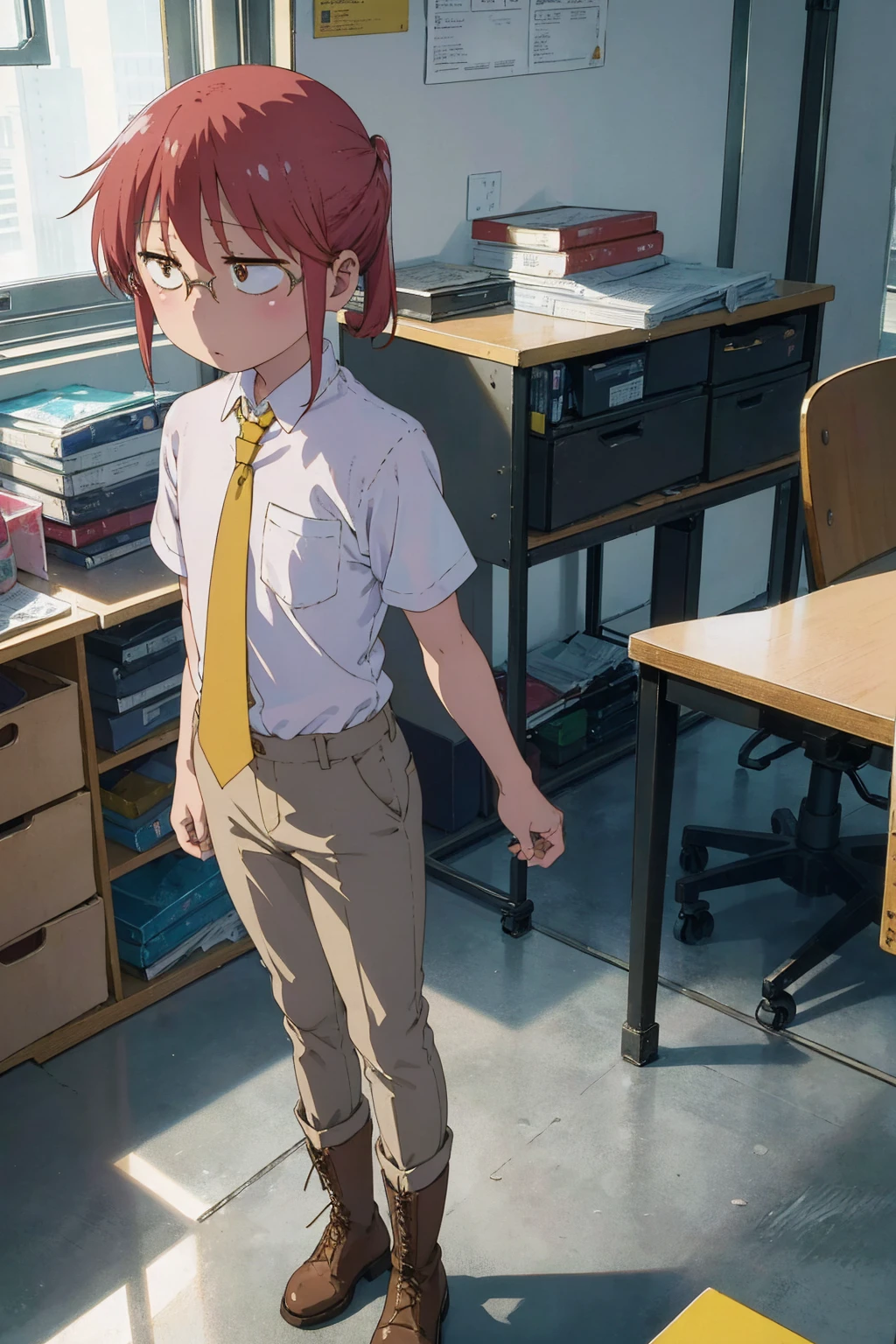 absurderes、​masterpiece、top-quality、Kobayashi,1girll,Solo, white shirt, yellow tie, black pants,short sleeves、office boots, tired, flat chest, Highly detailed body lines, in metropolitan, standing,