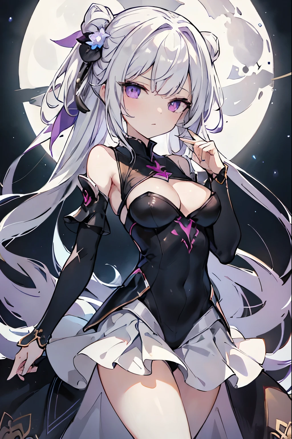 1girl, anime, cute girl, blank background, white background, fantasy, detailed fantasy dress with highlights, beautiful face, beautiful eyes, dark colors, black hair with multicolor streaks, red eye with different color pupil in eye, multicolor eye, medium breasts, slight cleavage, beautiful skin, cute, breast curtains, extremely delicate and beautiful, (beautiful detailed face:1.0), (detailed deep eyes), symmetrical breasts, deep eyes, shiny skin, portrait, slender waist, hips wider than shoulders, thighs, expressionless, young girl, luminous eyes, adorable,(Kpop idol),(aegyo sal:1),(Platinum blonde hair:1),((puffy eye)),Black panty,sexy posture,Superskirt, Ultra-high resolution,Black collar,slim figure, Abdominal y tattoo, womb tattoo,Tight-fitting leg ring,y tattoo on half-body,Bare skin, Armored hand,Hidden fingertips,Hand covered,Arm covered,Fist covered,{{beautiful detailed fingers}}, tufts of hair, moderate beautiful breast:1.0,(masterpiece:1.2), best quality, high-res, HDR, perfect face, intricate armor, delicate blue filigree, intricate filigree, red metalic parts, detailed part, dynamic pose, dynamic lights, cute face, neutral expression, shuimobysim, lotus, hanfu, maxi skirt, dress conservatively 1girl, solo, long blue hair, standing, One lady,14years,((White hair) ,(Shiny purple bodysuit with microskirt),((Fantasy, Moon Night)), gradient_eyes,