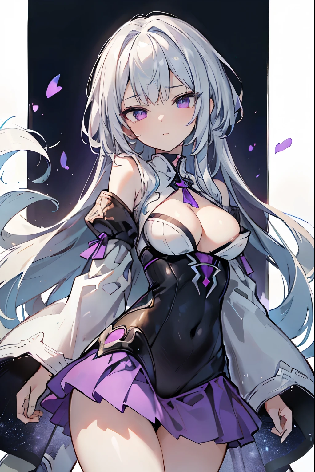 1girl, anime, cute girl, blank background, white background, fantasy, detailed fantasy dress with highlights, beautiful face, beautiful eyes, dark colors, black hair with multicolor streaks, red eye with different color pupil in eye, multicolor eye, medium breasts, slight cleavage, beautiful skin, cute, breast curtains, extremely delicate and beautiful, (beautiful detailed face:1.0), (detailed deep eyes), symmetrical breasts, deep eyes, shiny skin, portrait, slender waist, hips wider than shoulders, thighs, expressionless, young girl, luminous eyes, adorable,(Kpop idol),(aegyo sal:1),(Platinum blonde hair:1),((puffy eye)),Black panty,sexy posture,Superskirt, Ultra-high resolution,Black collar,slim figure, Abdominal y tattoo, womb tattoo,Tight-fitting leg ring,y tattoo on half-body,Bare skin, Armored hand,Hidden fingertips,Hand covered,Arm covered,Fist covered,{{beautiful detailed fingers}}, tufts of hair, moderate beautiful breast:1.0,(masterpiece:1.2), best quality, high-res, HDR, perfect face, intricate armor, delicate blue filigree, intricate filigree, red metalic parts, detailed part, dynamic pose, dynamic lights, cute face, neutral expression, shuimobysim, lotus, hanfu, maxi skirt, dress conservatively 1girl, solo, long blue hair, standing, One lady,14years,((White hair) ,(Shiny purple bodysuit with microskirt),((Fantasy, Moon Night)), gradient_eyes,