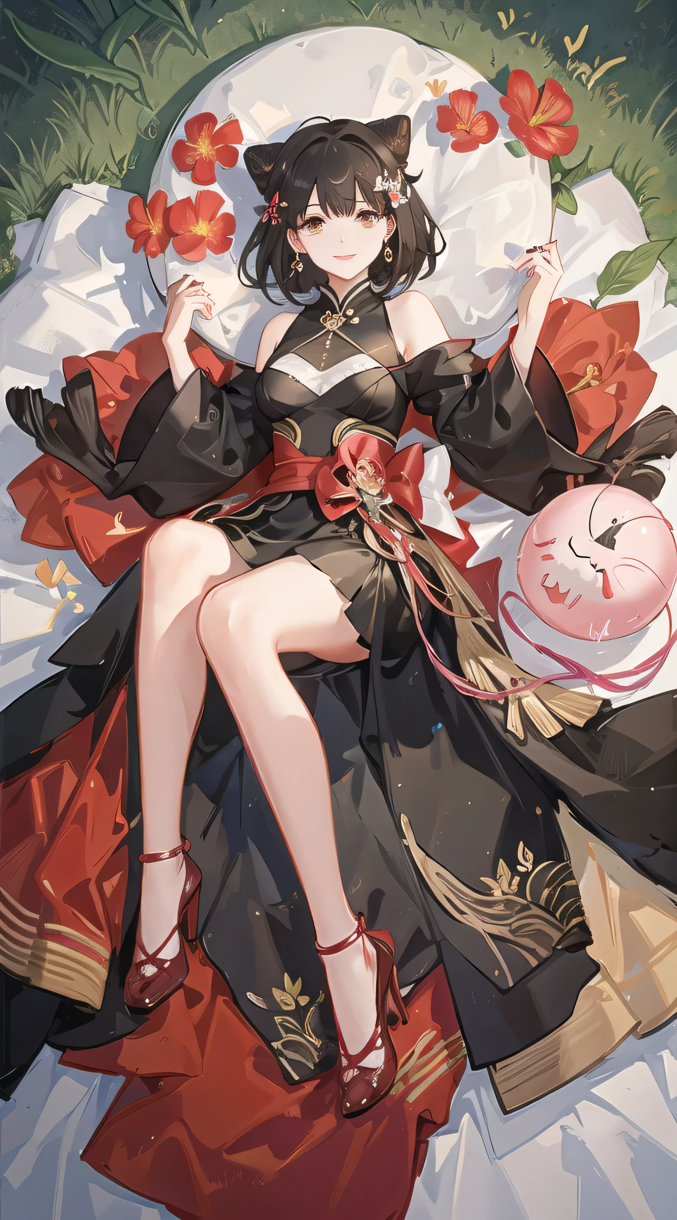 side bun, medium hair, butterfly hair ornament, crystal earrings, red lips, smile, mole under eye, anime style, ray tracing, fisheye, from above, best quality, 8k, super detail, high details, high quality,girl,whole body,(Delicate face:1.2), masterpiece, Fashion,cheongsam,, Medium Length Hair, Black Hair, Double tail, Bangs, Brown eyes