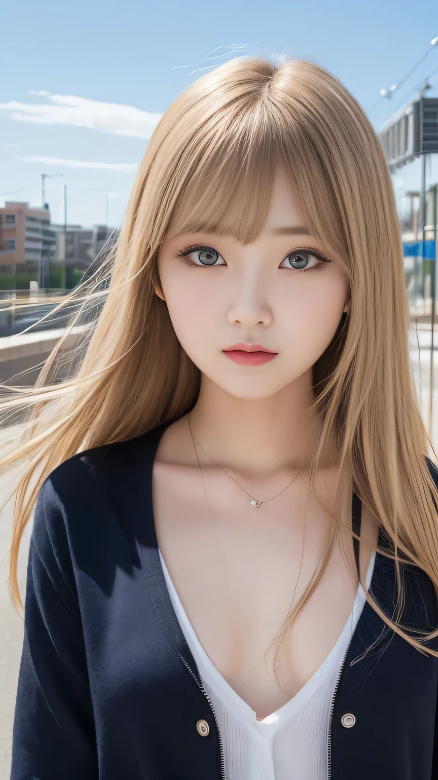 Sexy Big 、A cute with a sexy and cute look, beautiful and sexy face、A strong wind blows my hair in front of my face、With straight blonde hair、beautiful, Cute and sexy eyes hidden behind long bangs、I'm wearing a choker、My bangs completely cover my eyes so I can't tell where they are、I have a tattoo on my arm、Cute ribbon🎀、Tops Fluorescent Bikini、Sunburned skin
