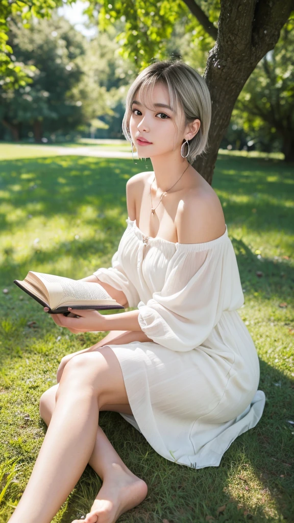 (8k, Photorealistic, Raw photo, Highest quality: 1.4),Japanese idol style1Beautiful girl of the person,18-year-old,Short Bob,Silver Hair,Hang your hair over your ears,Wearing shell earrings in her ears,Big, clear grey eyes,Long eyelashes,Tear bags,There is a blackhead under the left eye,Plump Cheeks,Pink lip gloss for glossy, plump lips,A short pendant hangs around her neck.,She is wearing an anklet on her left ankle.,barefoot,She is wearing an off-the-shoulder white dress,sitting on the grass under a tree in the park,Leaning against a tree,Reading a book,She has her eyes fixed on the book,She is surrounded by the gentle sunlight filtering through the trees.,Full body portrait