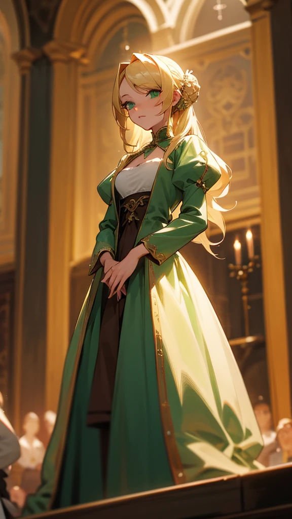 Green-eyed blonde woman wearing a very luxurious medieval dress at a royal ball. Con una flor en su pelo 