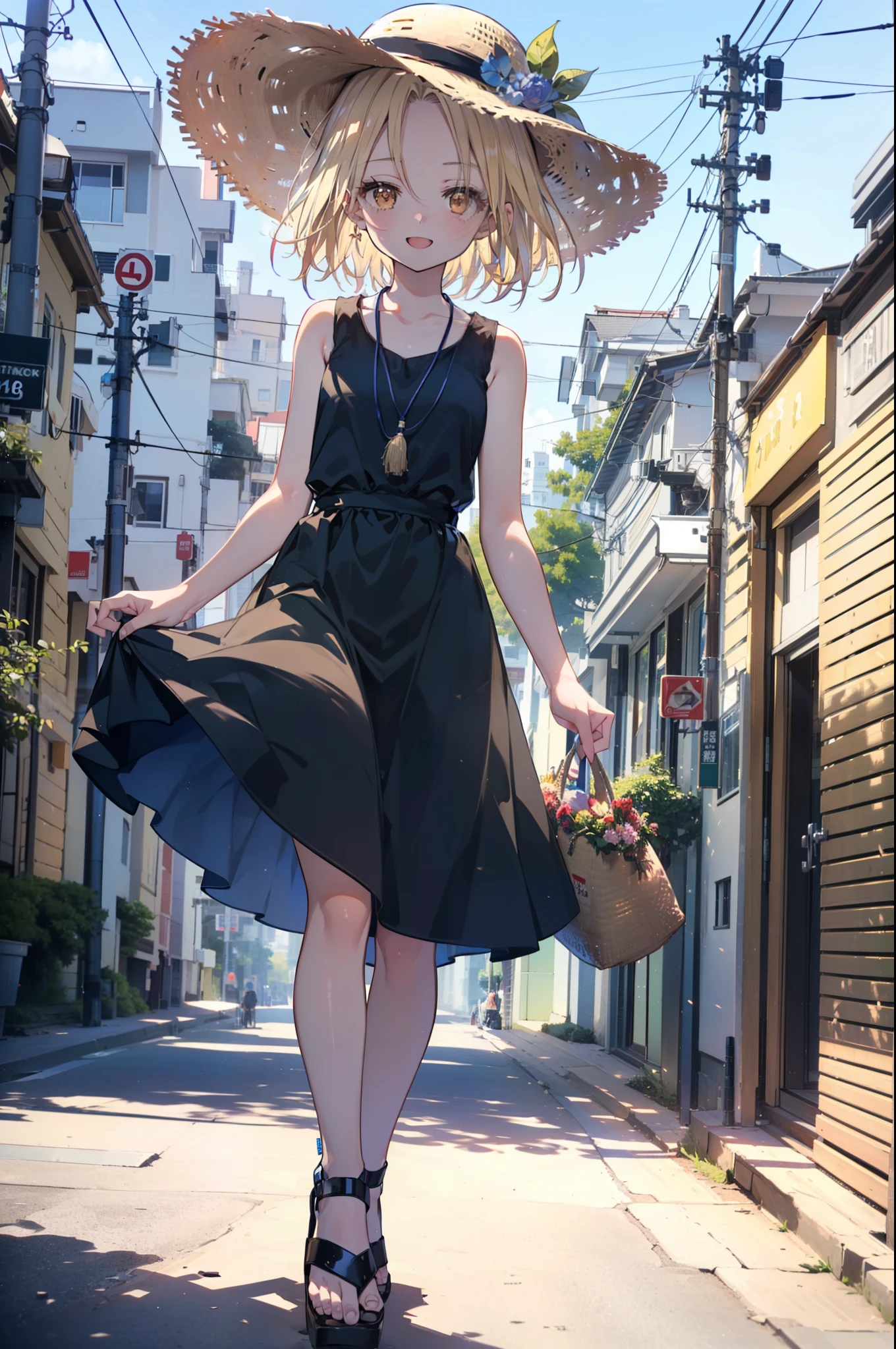 (annakyouyama, anna kyouyama, Blonde Hair, short hair, (Brown eyes:1.7),happy smile, smile, Open your mouth,Big straw hat,Black sleeveless dress,Long skirt,Cute Sandals,Daytime,Clear skies,Walking,
壊す looking at viewer, whole body,
Destroy outdoors, Building district,Destroy the coastal road (masterpiece:1.2), highest quality, High resolution, unity 8k wallpaper, (shape:0.8), (Fine and beautiful eyes:1.6), Highly detailed face, Perfect lighting, Highly detailed CG, (Perfect hands, Perfect Anatomy),