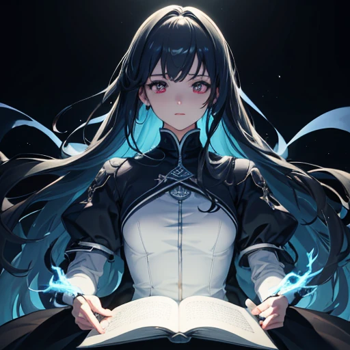 ((highest quality,8K,Uncertain resolution,16k, masterpiece: 1.3))1 girl , Are standing, (I have a book), (Wrapped in blue flames) ,((Dim lighting)) ,Detailed anatomy,Concept Art, Cinema Lighting , Movie angle , (Rape face) ,Black and long straight hair, Black Hair, Hair Ribbon , Red eyes,Black Dress, (Glowing Eyes), (((Horror))) , High resolution,(Incredibly absurd) ,Highly detailed CG Unity 8k wallpaper, ((masterpiece)), ((highest quality)), (Beautiful illustrations,Background This), ((Very delicate and beautiful)),A harmonious and dreamy composition,8K Ultra HD, HDR,Unique Design,One and only,A magnificent composition,One Scene,Anime Style,Studio Lighting,Ultra Wide Angle,Original elements,Full body description,Dynamic Angles,Symbolism,Dynamic Lighting,Professional Color Grading,Creative,Extreme detail,Glow effect