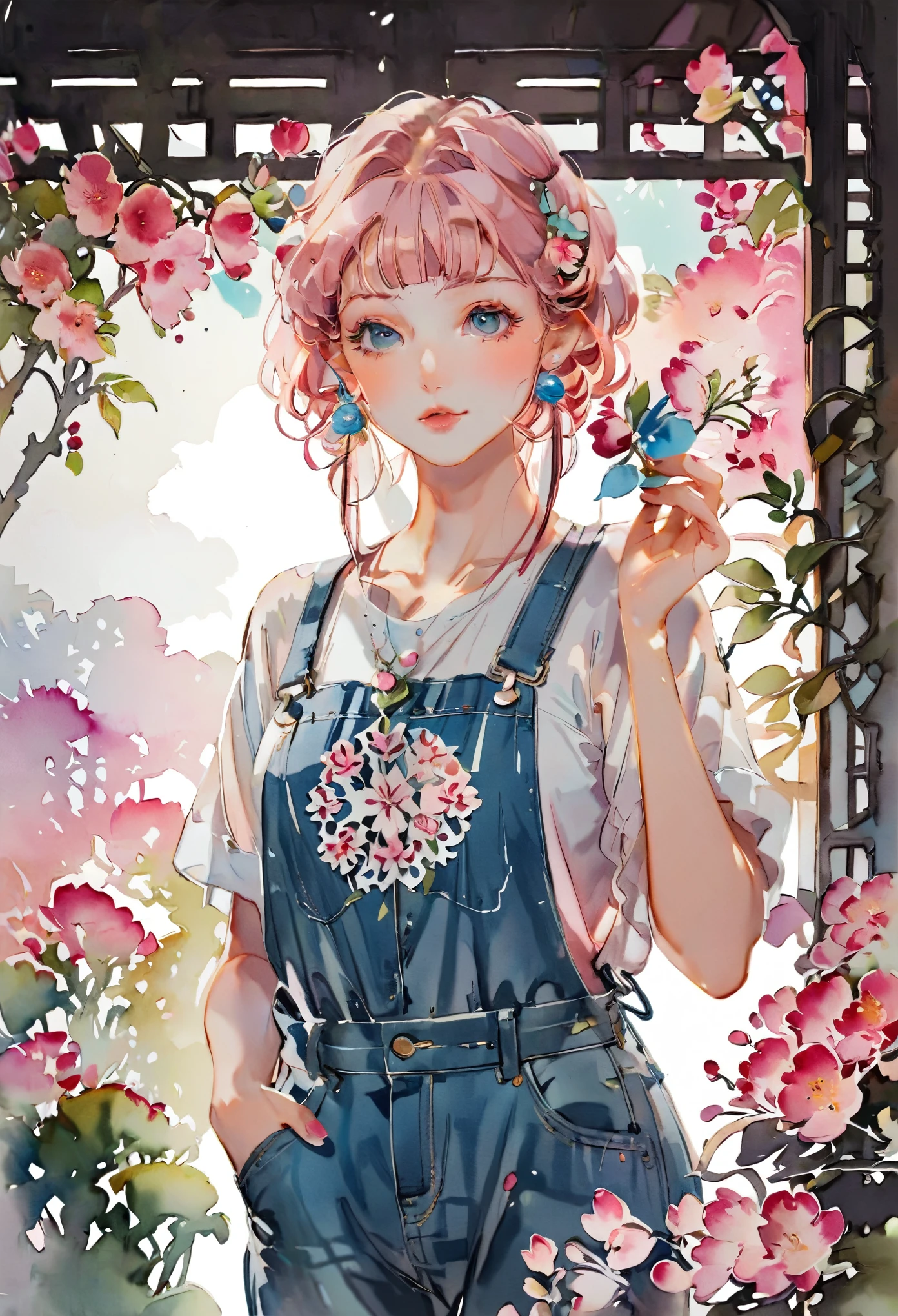 (((paper cutting style))), 1 girl, short pink hair, cap, denim overall, Dairy cow, portfolio