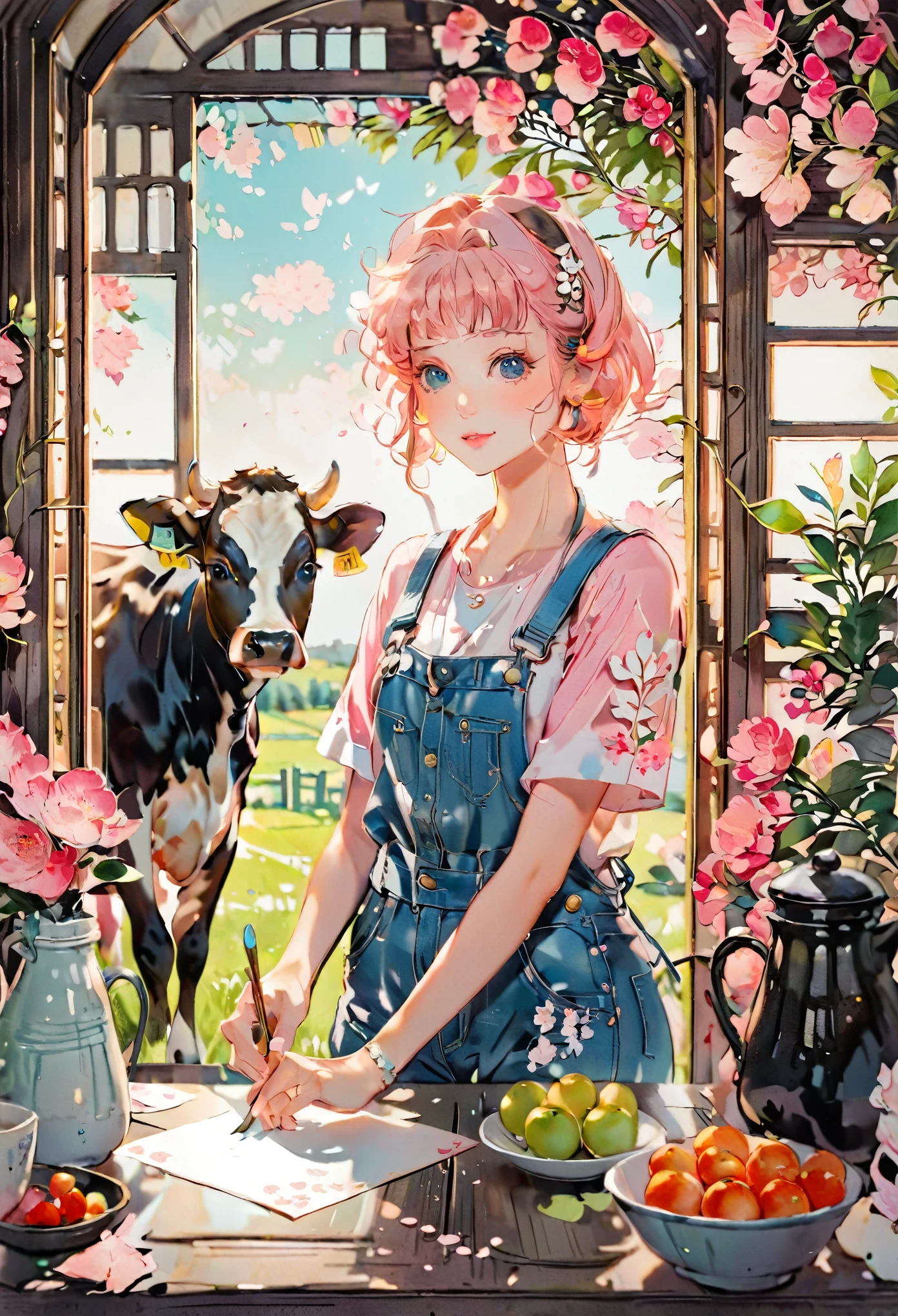 (((paper cutting style))), 1 girl, short pink hair, cap, denim overall, Dairy cow, portfolio