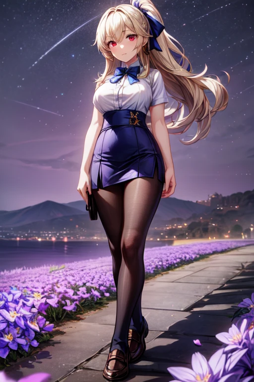 Best quality, masterpiece,, illustration, wallpaper,1 Girl, One, , White shirt, black skirt, blonde hair, semi-long hair, beautiful detailed girl, extremely detailed eyes and face, beautiful detailed eyes, Shy, natural_Lighting, Shine,NFV, clean sky, I look at the viewer, On open air, night sky, Star (sky), loafers, black tights, blue bow tie, straight hair, Purple petals, purple and blue flowers, Red student, ponytail, blue ribbon,White hair, thick_hips, big breasts, Red eyes,