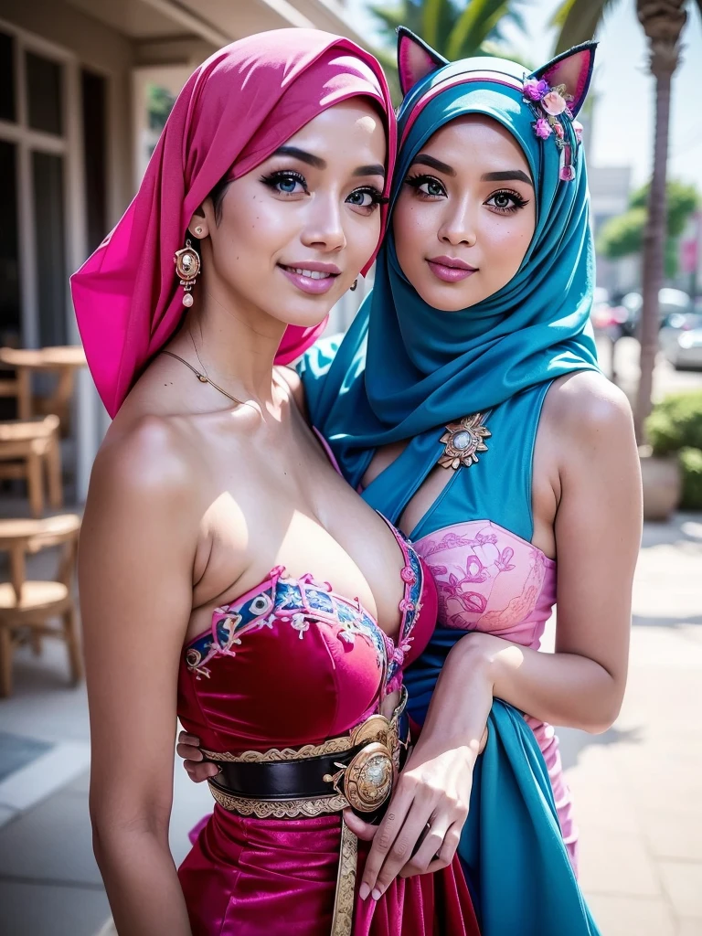 Two:2 naked and nude sexy hijab prostitutes with pinks nipples, bestquality，master-piece，High resolution with high detail，（brilliant：1.4），raw photograph，，optical illusion，1girle，（Solo exhibitions：1.2），（cowboy lens：1.2），（Hair crown：1.2），Traditional costumes of Dunhuang, china，strapless，（red eyeliner：1.2），（Black eyes：1.4），earings，dynamic angle，entertainment，messy_long_hair，ink，cinematic light，lanelare，Velvet，chrysanthemum，tassels，ribbons，Colorful embroidery，upper half body，Facing the lens，Dynamic Poses，large，Embroidered shoes, red bra, all red, oppai proportions, sexy :8k, 4 k, big breasts!, bottom angle, big breasts!!, Malay beauties, biomechanical oppai, fujita goro and jones, thicc, wearing hijab, hijab star, hijab gorgeous, hijab super model, Malaysian girls group,malay, The whole body consists of a young girl with hijab, Eye makeup, 21yo, Cat ears, Soft lighting, group, Wear shabby clothes, Dirty, Tattered futuristic bikini, Cat's paw badge, Pose, spot color, rendering by octane, Ultra-realistic intricate details, Cinematic, 8K resolution, 70mm, emphasis lighting, Global illumination, (((wearing a Sexy belt design by LV))) Surreal full-body figure, Beautiful and delicate body and face, gorgeous figure, ssmile, Titillating，Surreal full-body figure，Beautiful and detailed body and face, Super vista, White skin of the, vivd colour,🔥8k, (masterpiece), (((highest quality)), (super detailed), 2 girls, (iridescent hair, colorful hair, half blue and half pink hair: 1.2), 38 years old, (Gorgeous Malay Girls: 1.2), outdoor, bangs, smile, sky blue eyes, perfect hands, perfect hands, hand details, corrected fingers. Earrings, Night Store + Background, looking_at_viewer, Cowboy Shot, Top Quality, Rich Detail, Perfect Image Quality, big breasts, slender body