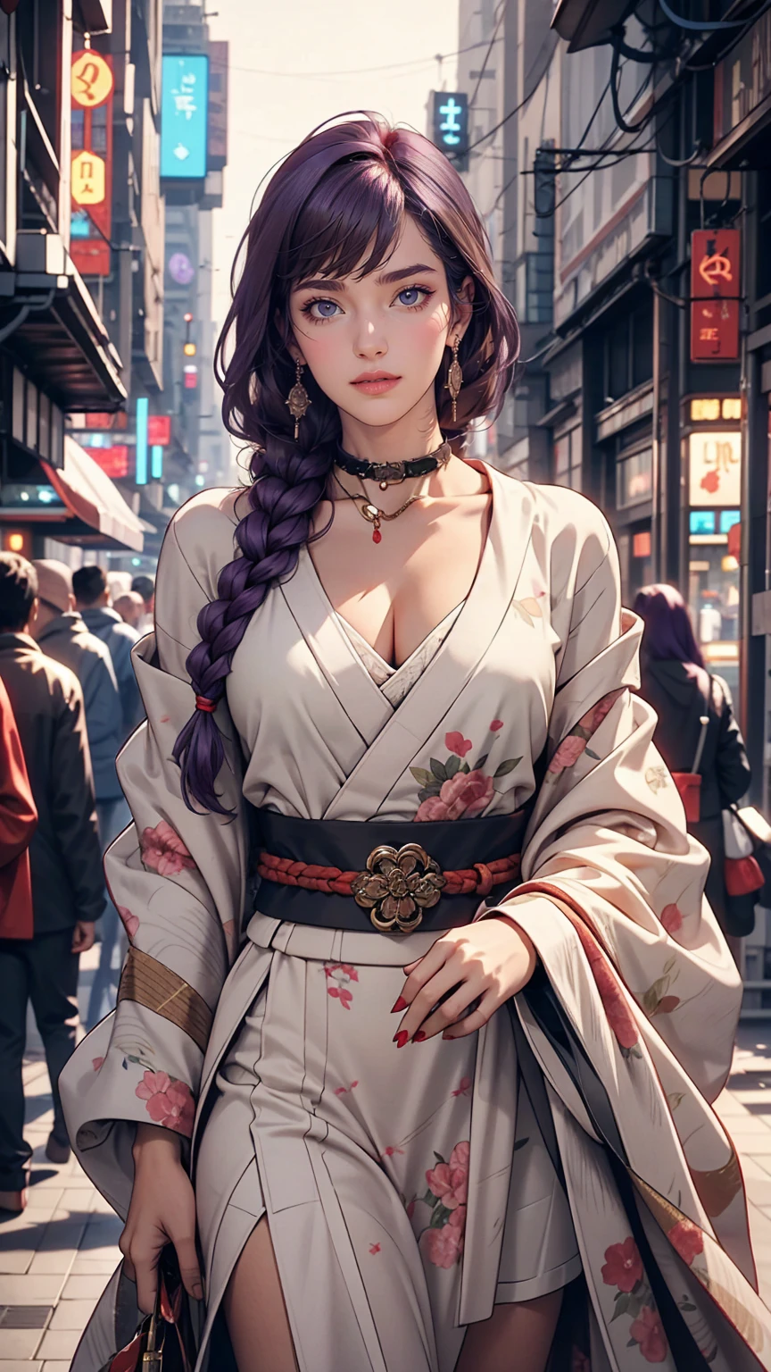 One girl, Blunt bangs, Braiding, Wide sleeves, hair ornaments, kimono, Red belt, (Purple Hair:1.2), Very long hair, Straight hair, View Viewer, Highly detailed background, (Photorealistic:1.2), Fine grain, Red eyeshadow, Depth of written boundary,thigh, (Ulzzang-6500:0.7), Upper Body, (alone:1.2), (Cyberpunk City:1.1), Cleavage, (Put your finger on your lips:1.1),Shiny skin
