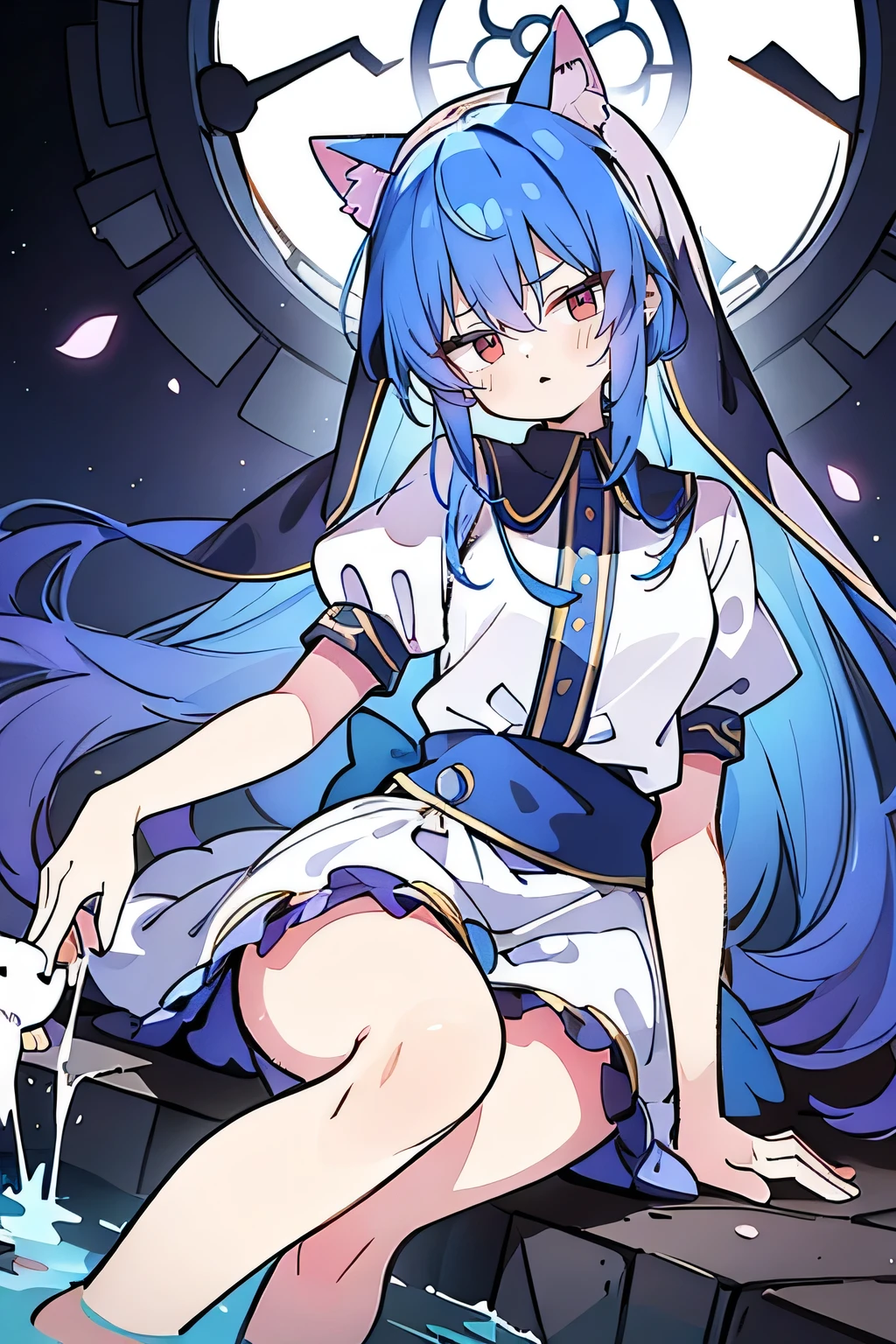 (masterpiece:1.2),Extremely detailed,Practical,expressive eyes,Fair skin,Perfect face shaping,1 Girl,
Japanese cartoons,Gorgeous blue hair, the long flowing blue hair,Floating clothes,Cat ears,Petals fall,beautiful lola,Young Angel,
Place your hands on your waist,sit elegantly on the ground,Cross your legs,Gentle and peaceful background,stately church,nun,lie on the water,Blackening,A look of disdain.