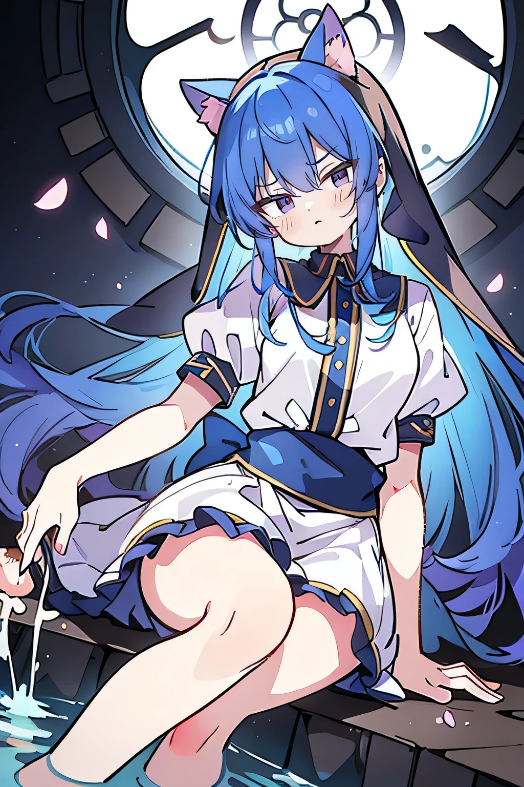 (masterpiece:1.2),Extremely detailed,Practical,expressive eyes,Fair skin,Perfect face shaping,1 Girl,
Japanese cartoons,Gorgeous blue hair, the long flowing blue hair,Floating clothes,Cat ears,Petals fall,beautiful lola,Young Angel,
Place your hands on your waist,sit elegantly on the ground,Cross your legs,Gentle and peaceful background,stately church,nun,lie on the water,Blackening,A look of disdain.