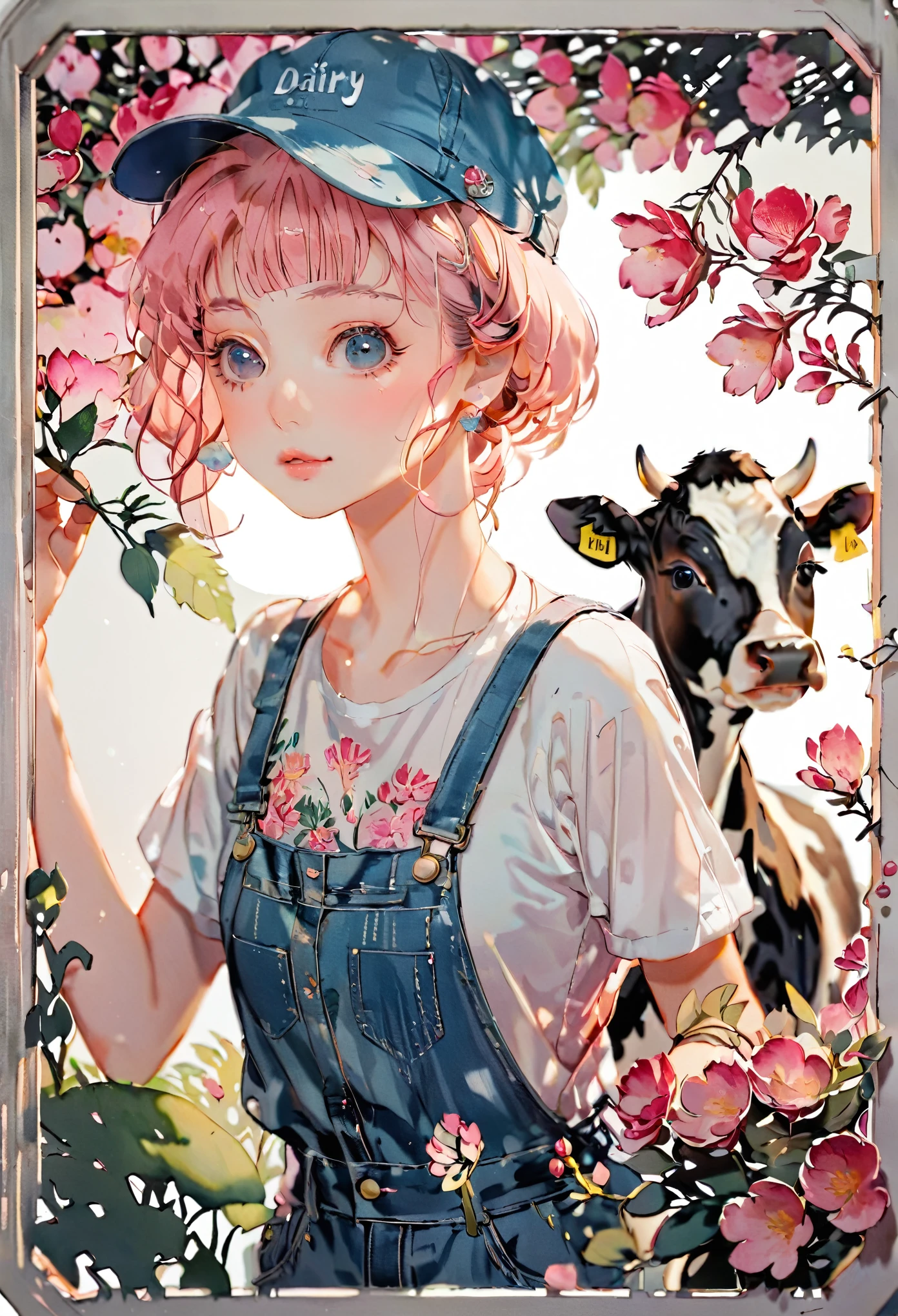 (((paper cutting style))), 1 girl, short pink hair, cap, denim overall, Dairy cow, portfolio