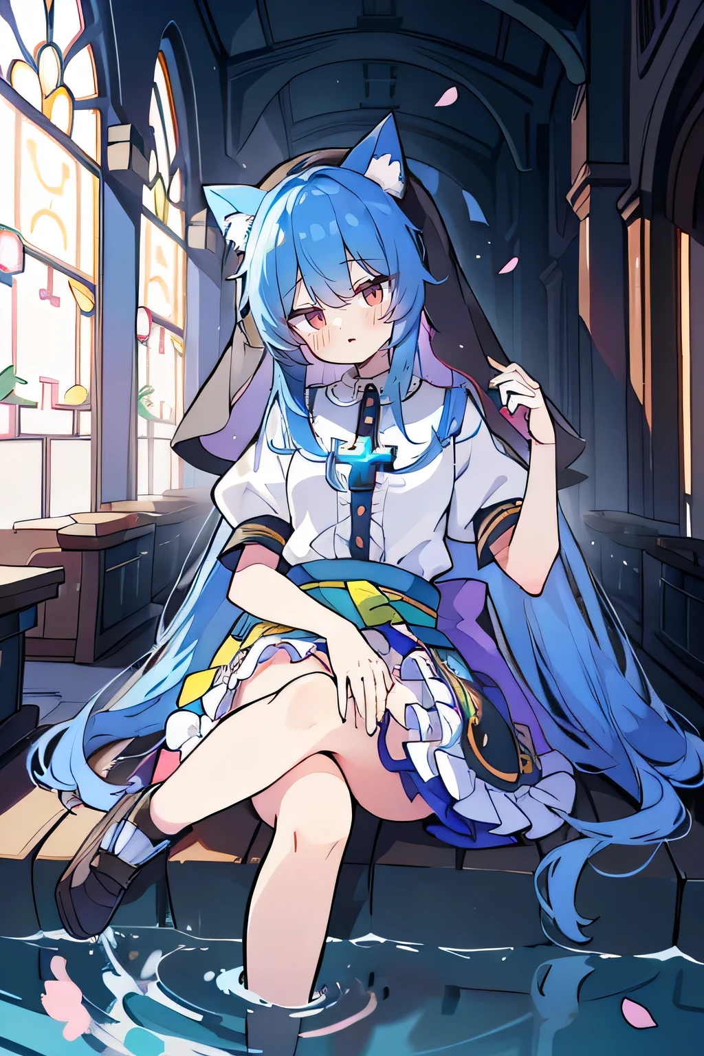 (masterpiece:1.2),Extremely detailed,Practical,expressive eyes,Fair skin,Perfect face shaping,1 Girl,
Japanese cartoons,Gorgeous blue hair, the long flowing blue hair,Floating clothes,Cat ears,Petals fall,beautiful lola,Young Angel,
Place your hands on your waist,sit elegantly on the ground,Cross your legs,Gentle and peaceful background,stately church,nun,lie on the water,Blackening,A look of disdain.