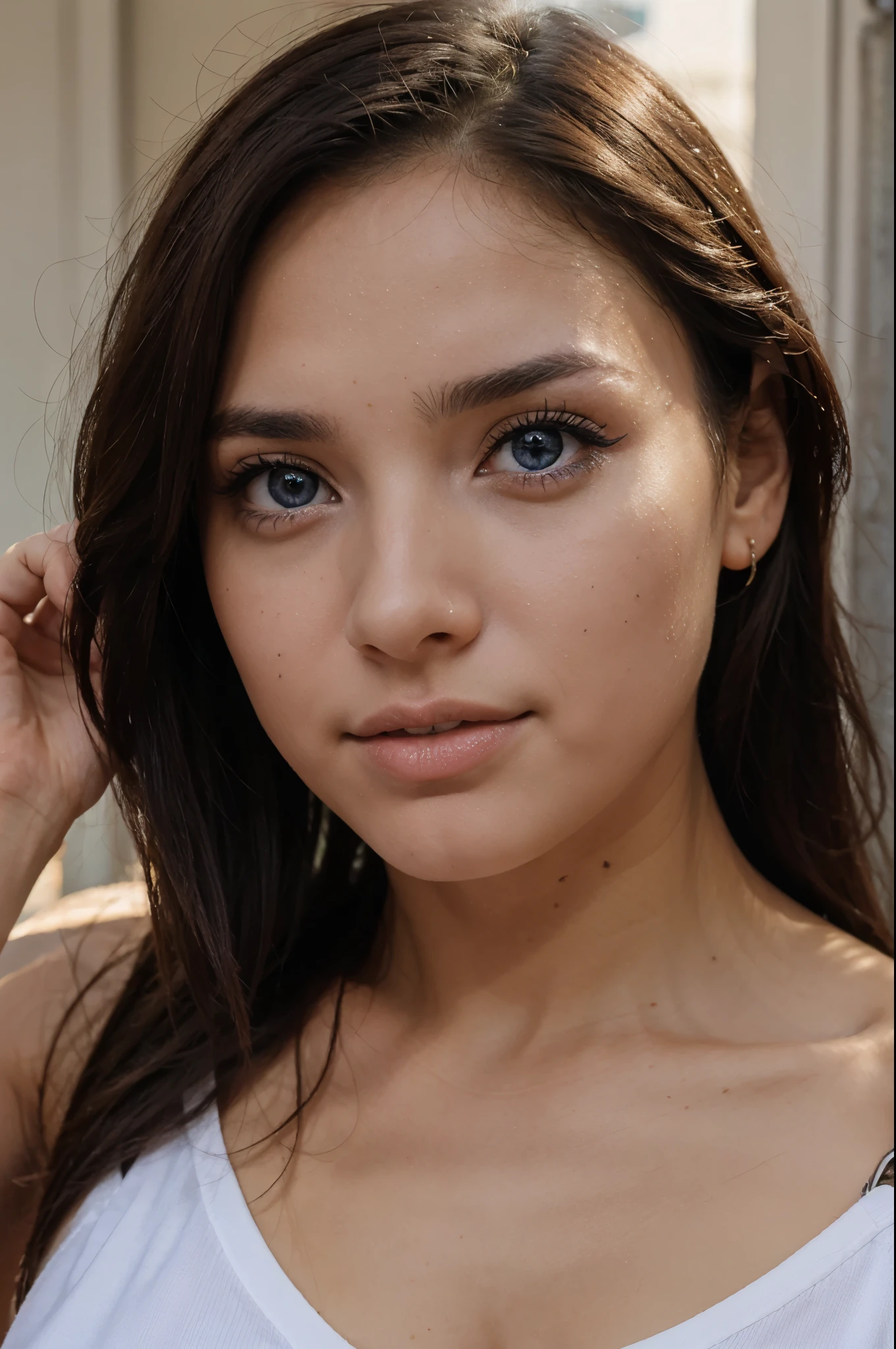 Una chica con grandes pechos y de ojos azul