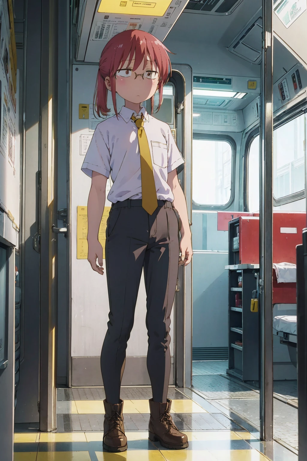 absurderes、masterpiece、top-quality、Kobayashi,1 girl, Solo, white shirt, yellow tie, black pants,short sleeves、office boots, tired, flat chest, Highly detailed body lines, in public metro, standing, front view,