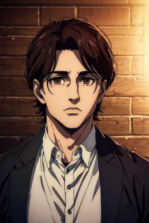 (best quality,4k,8k,highres,masterpiece:1.2),ultra-detailed,(realistic,photorealistic,photo-realistic:1.37), young man , mappa art style,  heart-shaped face,  brown eyes , dark brown  hair , his hair is medium length well styled , , he looks handsome, he is fair, he looks very young,  sharp jawline, he is wearing grey shirt, vibrant color, 