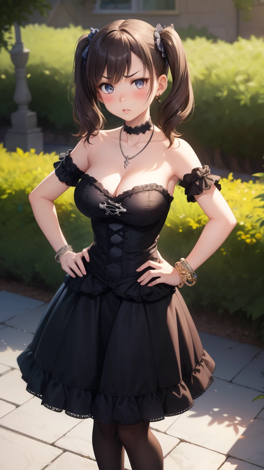1girl, natural lighting, masterpiece, highly detailed, illustration, game CG, absurdres, high quality, aichan, large breasts, beautiful detailed eyes, medium hair, twintails, bangs, glossy lips, lips parted, blush, garden, standing, gothic ta dress, collarbone, cleavage, jewelry, choker, necklace, bracelets, armband, annoyed, hands on hips, thigh highs