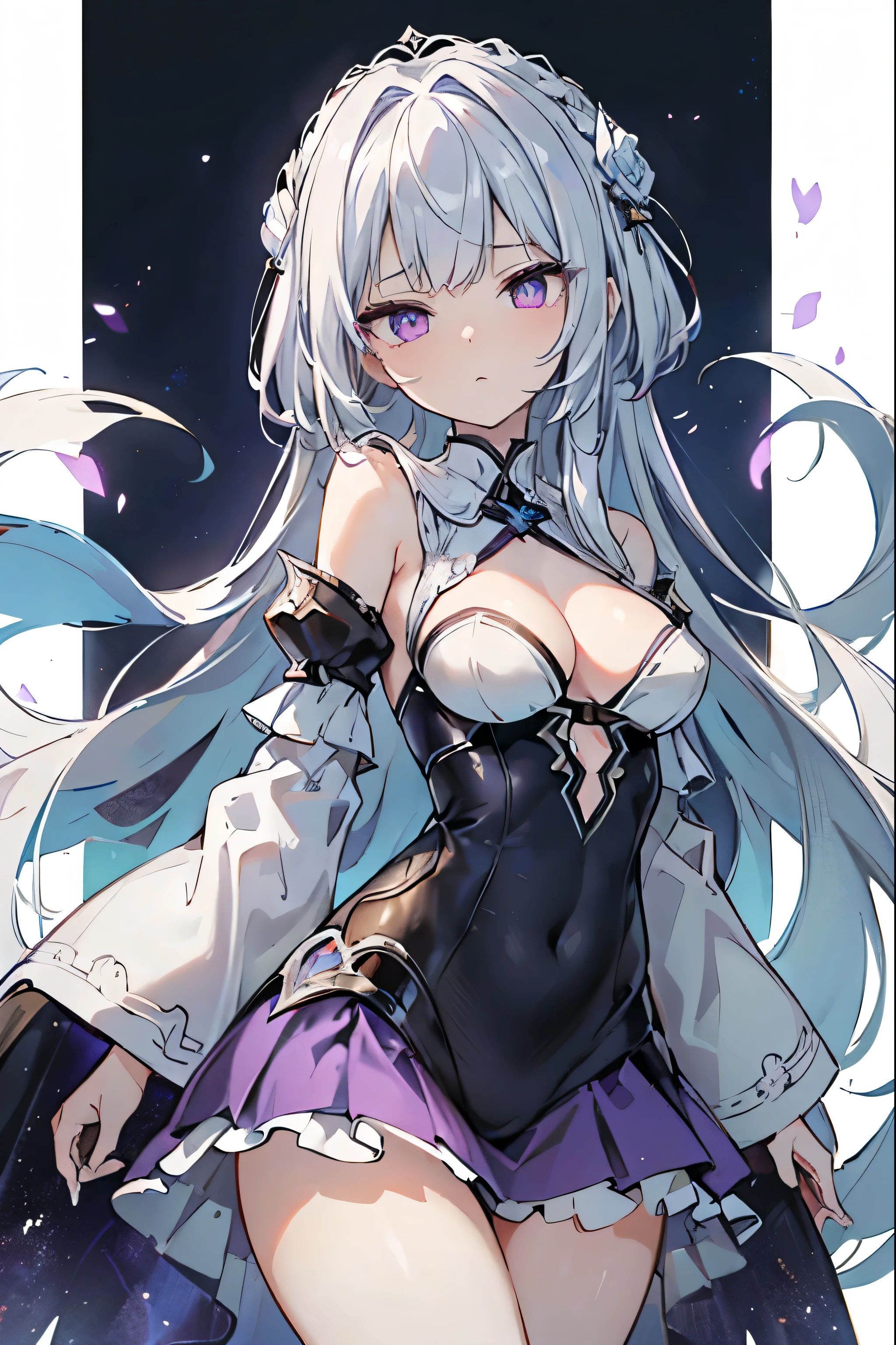 1girl, anime, cute girl, blank background, white background, fantasy, detailed fantasy dress with highlights, beautiful face, beautiful eyes, dark colors, black hair with multicolor streaks, red eye with different color pupil in eye, multicolor eye, medium breasts, slight cleavage, beautiful skin, cute, breast curtains, extremely delicate and beautiful, (beautiful detailed face:1.0), (detailed deep eyes), symmetrical breasts, deep eyes, shiny skin, portrait, slender waist, hips wider than shoulders, thighs, expressionless, young girl, luminous eyes, adorable,(Kpop idol),(aegyo sal:1),(Platinum blonde hair:1),((puffy eye)),Black panty,sexy posture,Superskirt, Ultra-high resolution,Black collar,slim figure, Abdominal y tattoo, womb tattoo,Tight-fitting leg ring,y tattoo on half-body,Bare skin, Armored hand,Hidden fingertips,Hand covered,Arm covered,Fist covered,{{beautiful detailed fingers}}, tufts of hair, moderate beautiful breast:1.0,(masterpiece:1.2), best quality, high-res, HDR, perfect face, intricate armor, delicate blue filigree, intricate filigree, red metalic parts, detailed part, dynamic pose, dynamic lights, cute face, neutral expression, shuimobysim, lotus, hanfu, maxi skirt, dress conservatively 1girl, solo, long blue hair, standing, One lady,14years,((White hair) ,(Shiny purple bodysuit with microskirt),((Fantasy, Moon Night)), gradient_eyes,
