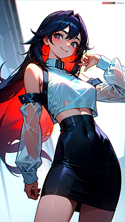  girl with big breasts long  hair. bushing and smiling. with a collar around her neck wEating highly reviling clothes That is Just a see through Tight fight cold Shoulder Tube crop top shirt That shows her breasts . And a micro skirt That shows her extra small Panties . 