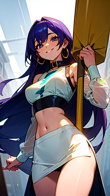  girl with big breasts long  hair. bushing and smiling. with a collar around her neck wEating highly reviling clothes That is Just a see through Tight fight cold Shoulder Tube crop top shirt That shows her breasts . And a micro skirt That shows her extra small Panties . 