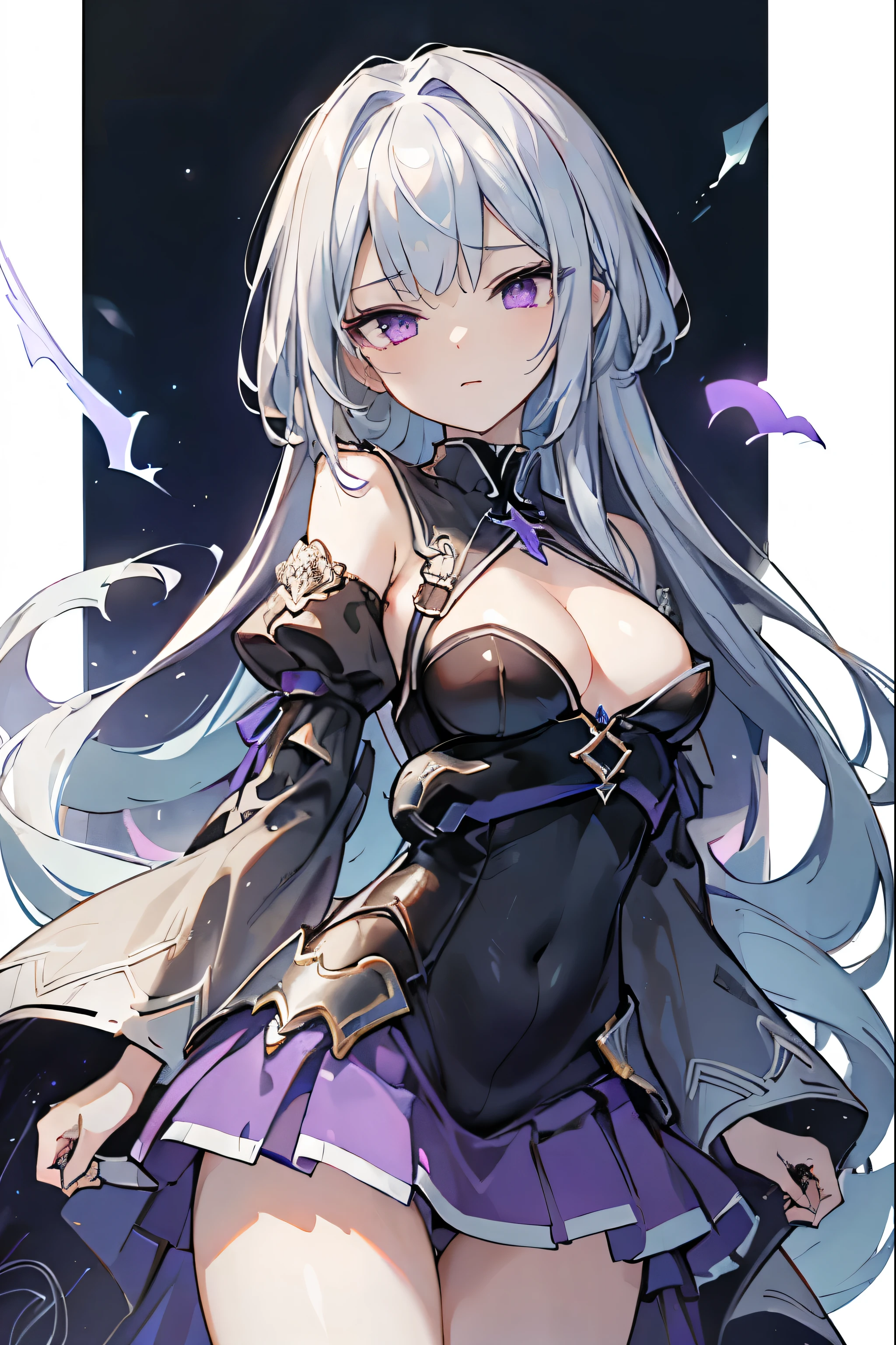 1girl, anime, cute girl, blank background, white background, fantasy, detailed fantasy dress with highlights, beautiful face, beautiful eyes, dark colors, black hair with multicolor streaks, red eye with different color pupil in eye, multicolor eye, medium breasts, slight cleavage, beautiful skin, cute, breast curtains, extremely delicate and beautiful, (beautiful detailed face:1.0), (detailed deep eyes), symmetrical breasts, deep eyes, shiny skin, portrait, slender waist, hips wider than shoulders, thighs, expressionless, young girl, luminous eyes, adorable,(Kpop idol),(aegyo sal:1),(Platinum blonde hair:1),((puffy eye)),Black panty,sexy posture,Superskirt, Ultra-high resolution,Black collar,slim figure, Abdominal y tattoo, womb tattoo,Tight-fitting leg ring,y tattoo on half-body,Bare skin, Armored hand,Hidden fingertips,Hand covered,Arm covered,Fist covered,{{beautiful detailed fingers}}, tufts of hair, moderate beautiful breast:1.0,(masterpiece:1.2), best quality, high-res, HDR, perfect face, intricate armor, delicate blue filigree, intricate filigree, red metalic parts, detailed part, dynamic pose, dynamic lights, cute face, neutral expression, shuimobysim, lotus, hanfu, maxi skirt, dress conservatively 1girl, solo, long blue hair, standing, One lady,14years,((White hair) ,(Shiny purple bodysuit with microskirt),((Fantasy, Moon Night)), gradient_eyes,