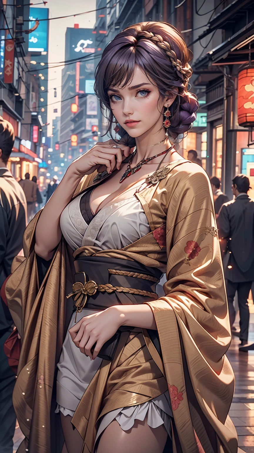 One girl, Blunt bangs, Braiding, Wide sleeves, hair ornaments, kimono, Red belt, (Purple Hair:1.2), Very long hair, Straight hair, View Viewer, Highly detailed background, (Photorealistic:1.2), Fine grain, Red eyeshadow, Depth of written boundary,thigh, (Ulzzang-6500:0.7), Upper Body, (alone:1.2), (Cyberpunk City:1.1), Cleavage, (Put your finger on your lips:1.1),Shiny skin