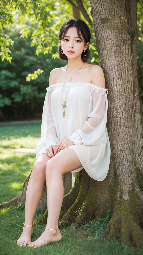 (8k, Photorealistic, Raw photo, Highest quality: 1.4),Japanese idol style1Beautiful girl of the person,18-year-old,Short Bob,Silver Hair,Hang your hair over your ears,Wearing shell earrings in her ears,Big, clear grey eyes,Long eyelashes,Tear bags,There is a blackhead under the left eye,Plump Cheeks,Pink lip gloss for glossy, plump lips,A short pendant hangs around her neck.,She is wearing an anklet on her left ankle.,barefoot,She is wearing an off-the-shoulder white dress,sitting on the grass under a tree in the park,Leaning against a tree,She has the book on her lap,She is surrounded by the gentle sunlight filtering through the trees.,Full body portrait,View from below