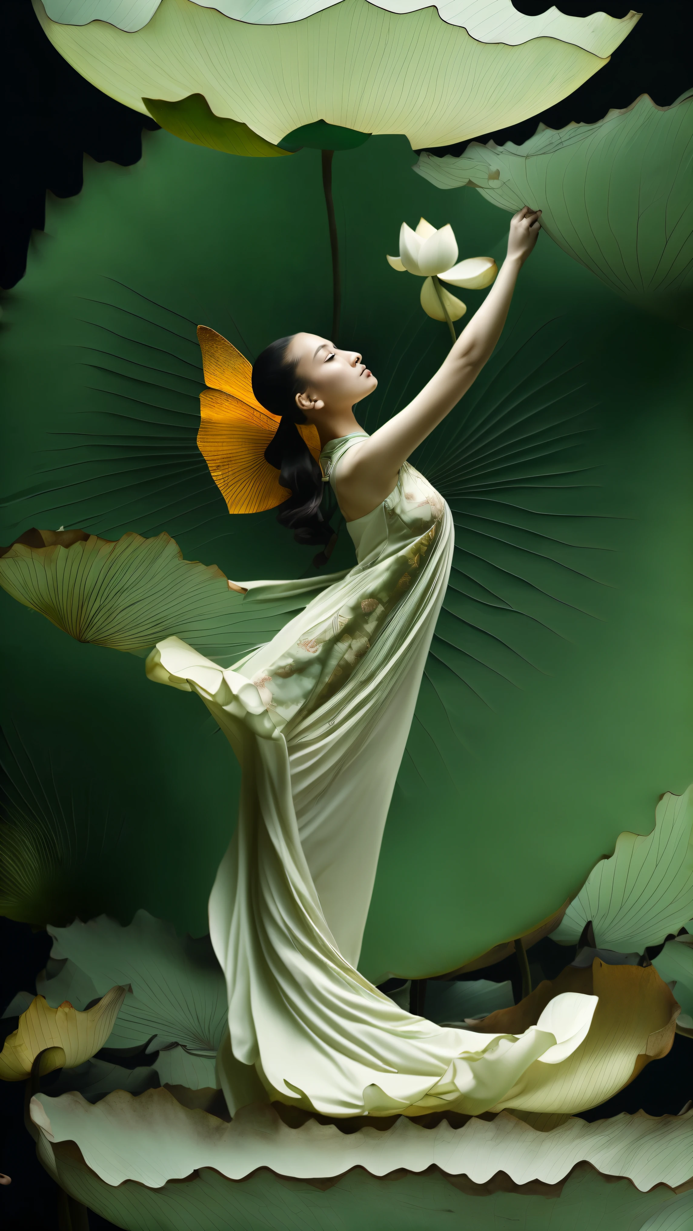 ((best quality)), ((masterpiece)), ((Practical)), 1 Girl, Solitary:2,lotus_leaf_Fairy,close up,beautiful,dynamic action, Anatomically correct, Chinese traditional clothing, Extreme details,Full body shooting