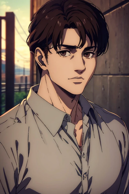 (best quality,4k,8k,highres,masterpiece:1.2),ultra-detailed,(realistic,photorealistic,photo-realistic:1.37), young man , mappa art style, heart-shaped face, brown eyes , dark brown hair , his hair is medium length well styled , , he looks handsome, he is fair, he looks very young, sharp jawline, he is wearing grey shirt, vibrant color,