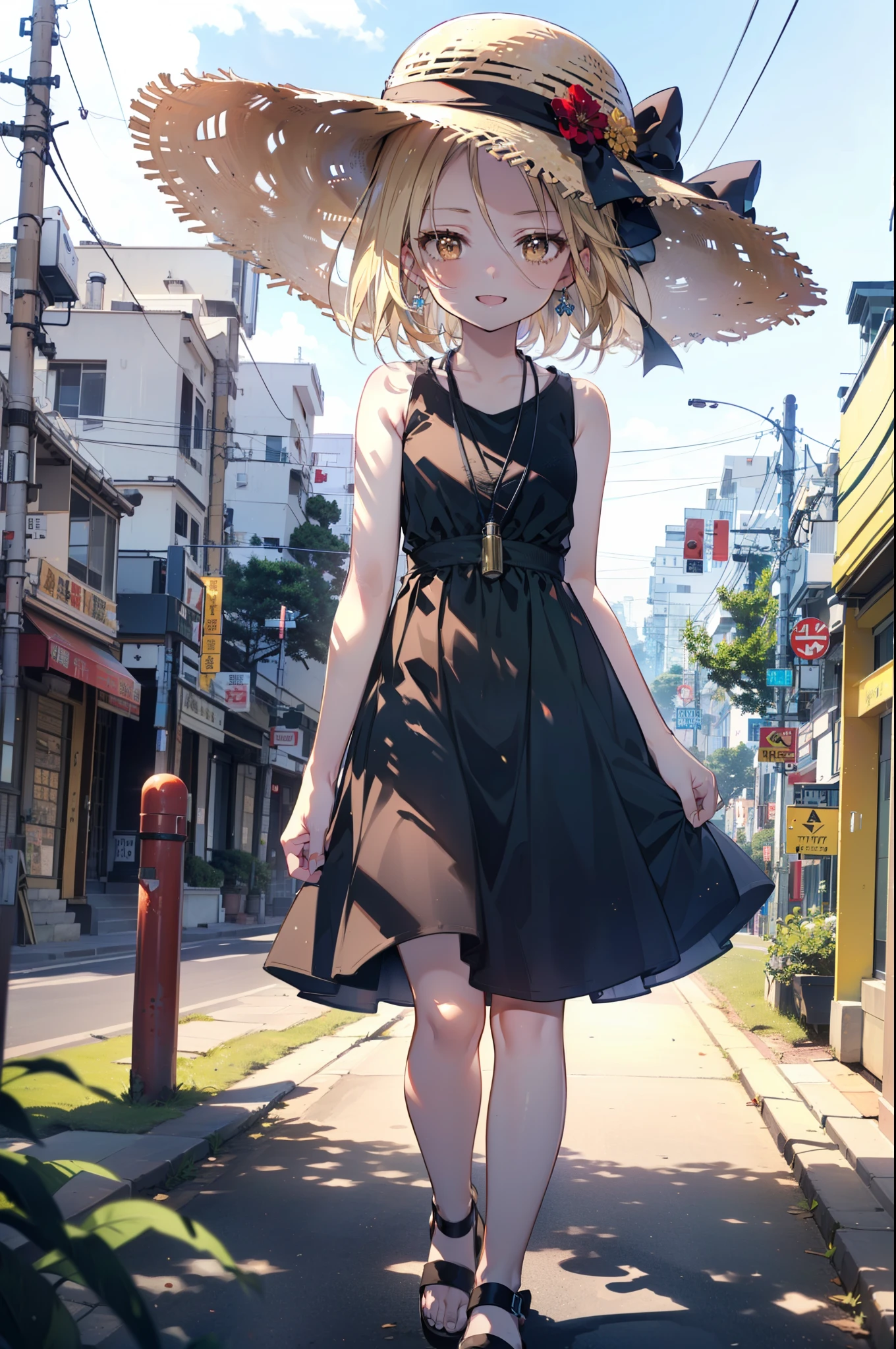 (annakyouyama, anna kyouyama, Blonde Hair, short hair, (Brown eyes:1.7),happy smile, smile, Open your mouth,Big straw hat,Black sleeveless dress,Long skirt,Cute Sandals,Daytime,Clear skies,Walking,
壊す looking at viewer, whole body,
Destroy outdoors, Building district,Destroy the coastal road (masterpiece:1.2), highest quality, High resolution, unity 8k wallpaper, (shape:0.8), (Fine and beautiful eyes:1.6), Highly detailed face, Perfect lighting, Highly detailed CG, (Perfect hands, Perfect Anatomy),